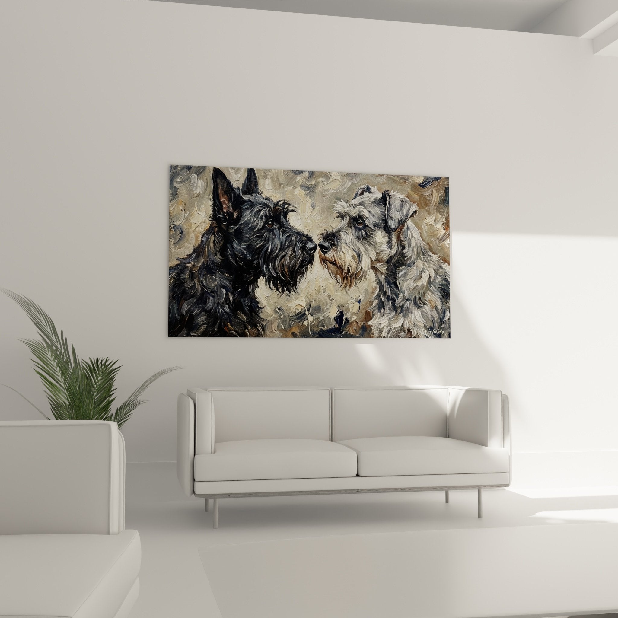 Gros plan sur portrait peint de Scottish Terriers aux pelages gris et blanc expressifs