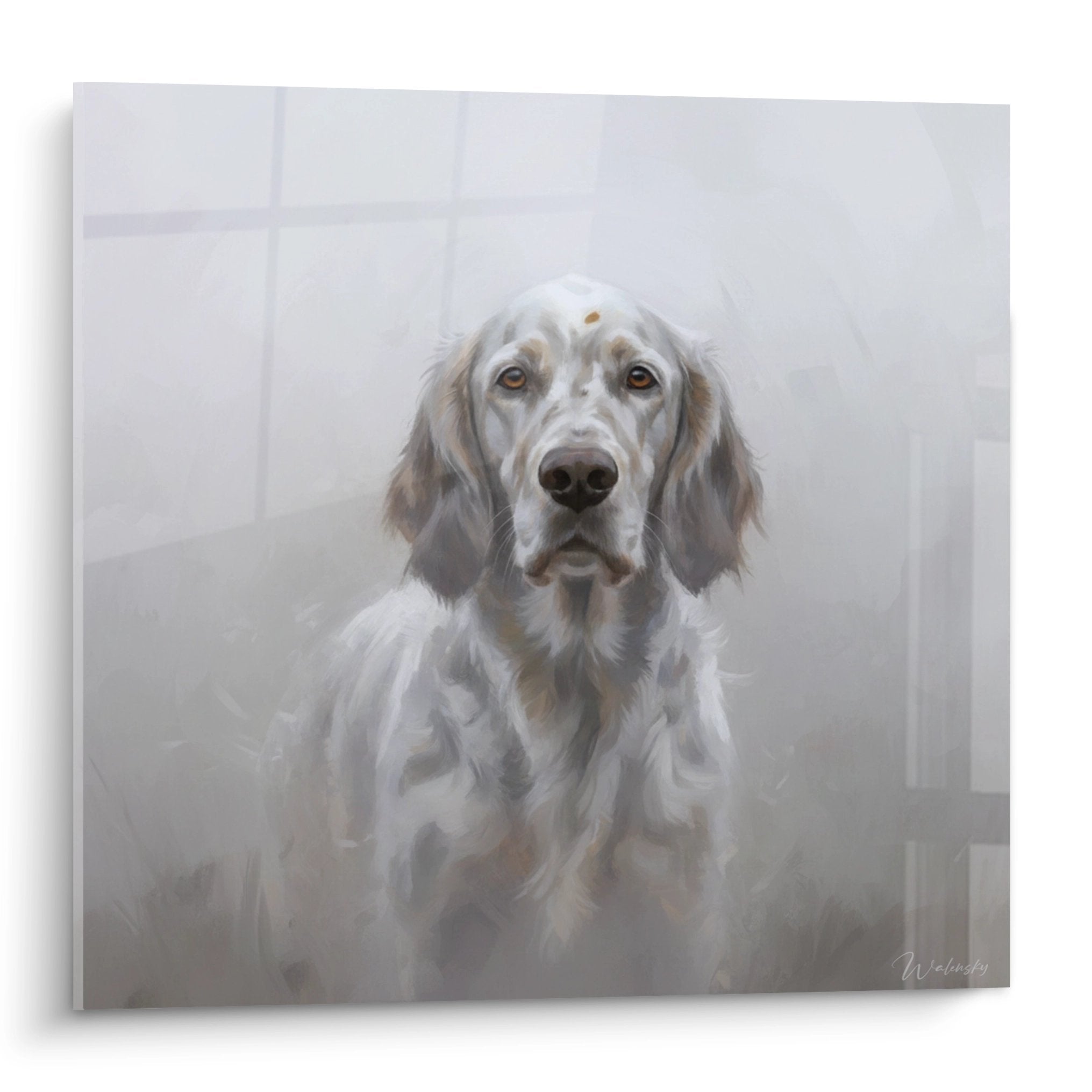 Contemplative portrait English setter gray beige tones amber melancholic gaze realistic wall art