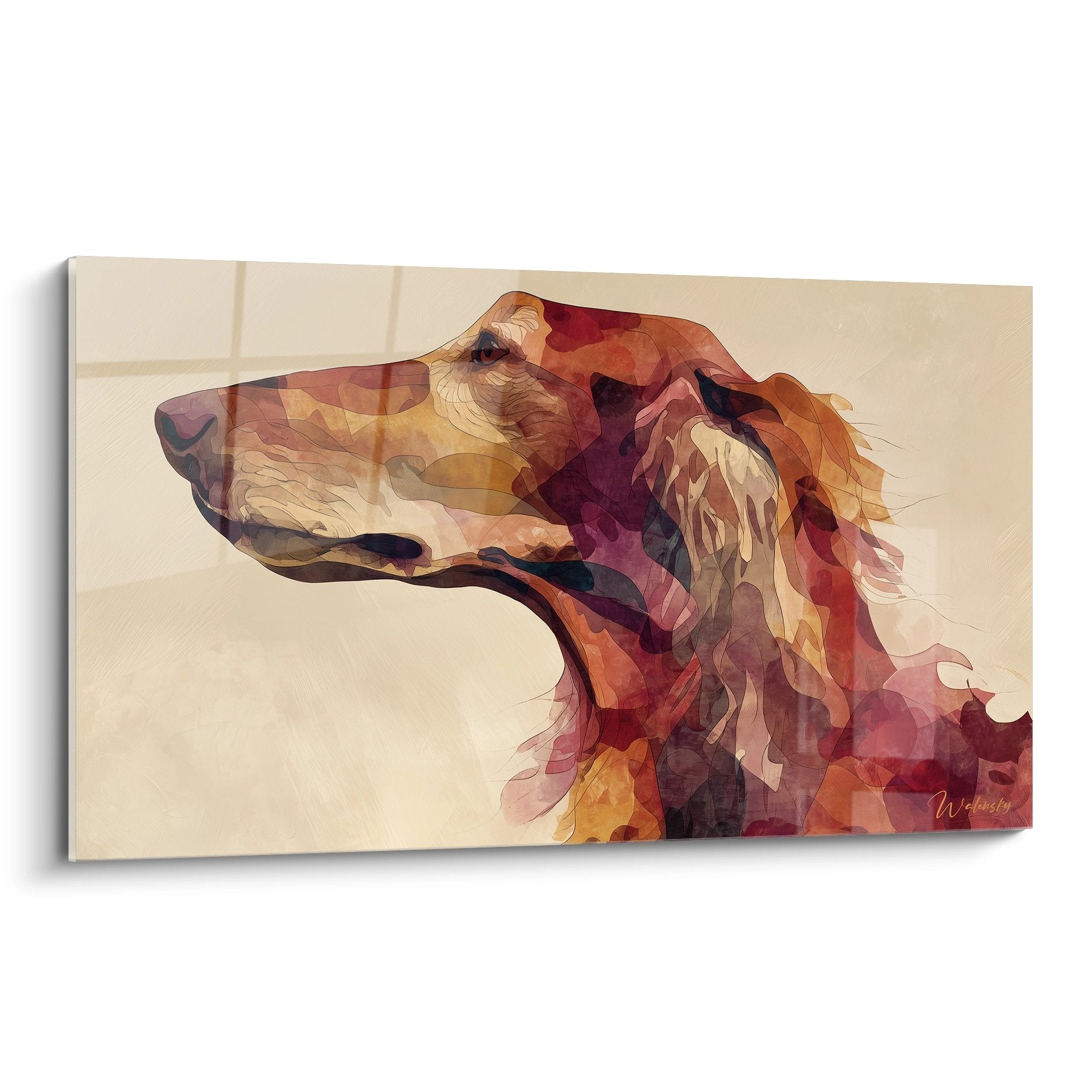 Portrait abstrait setter irlandais profil tons chauds rouge ocre beige style geometrique moderne