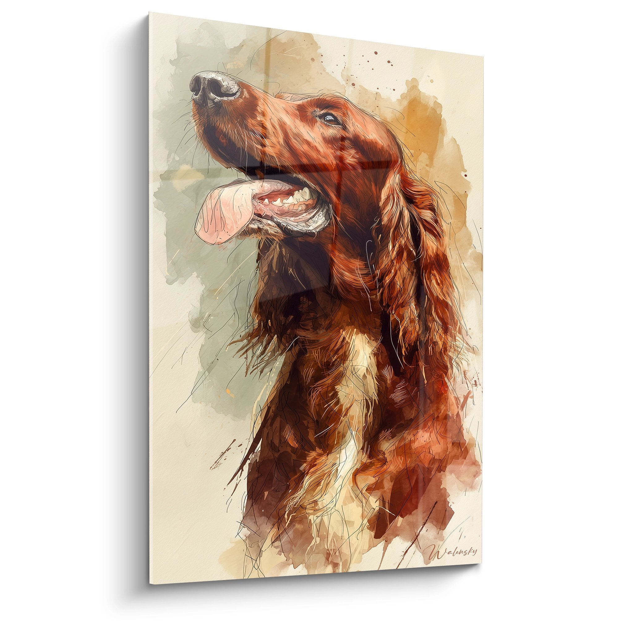 Portrait aquarelle Setter Irlandais roux langue pendante regard vers le ciel fond doré