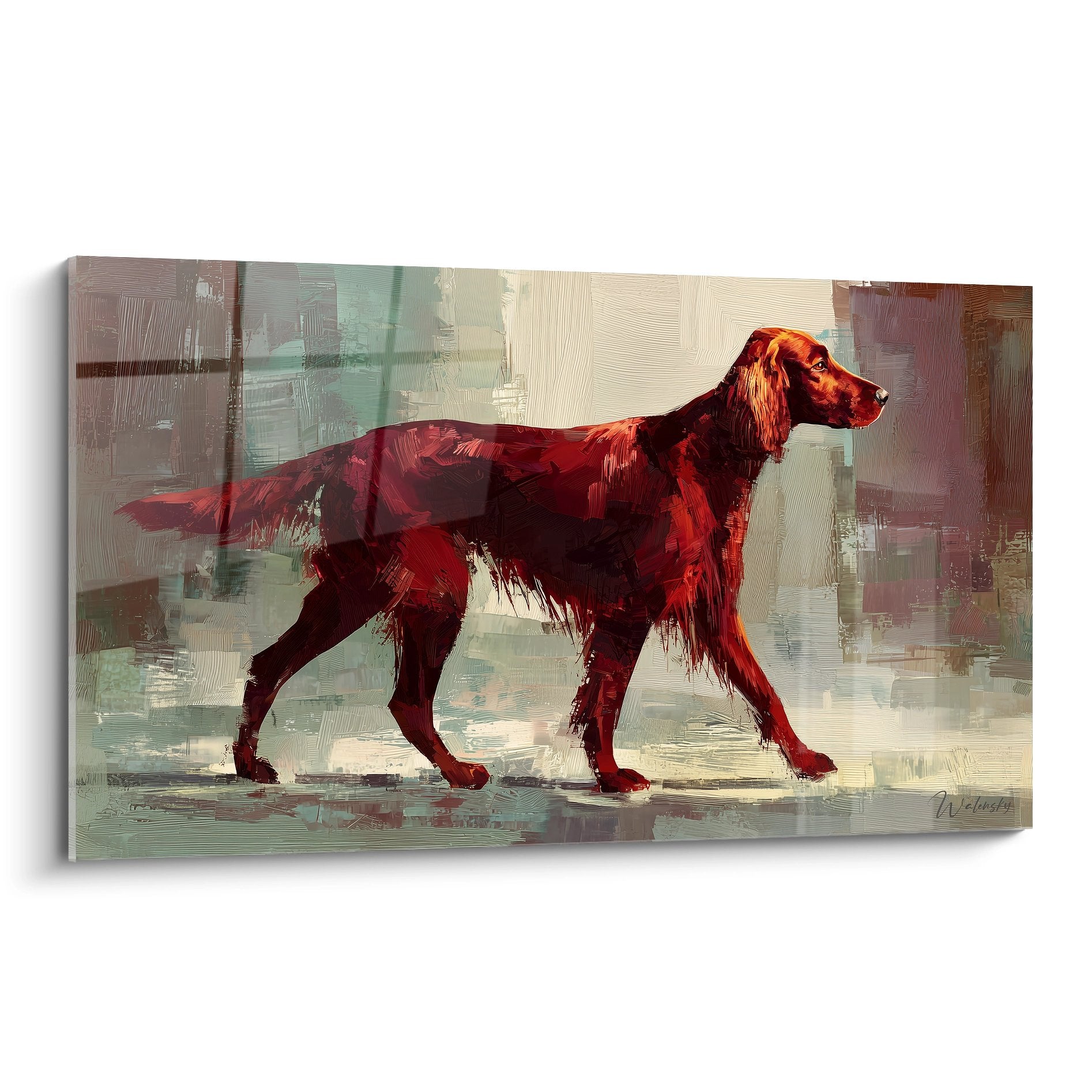 Portrait artistique setter irlandais roux tons cuivrés fond abstrait moderne peinture murale
