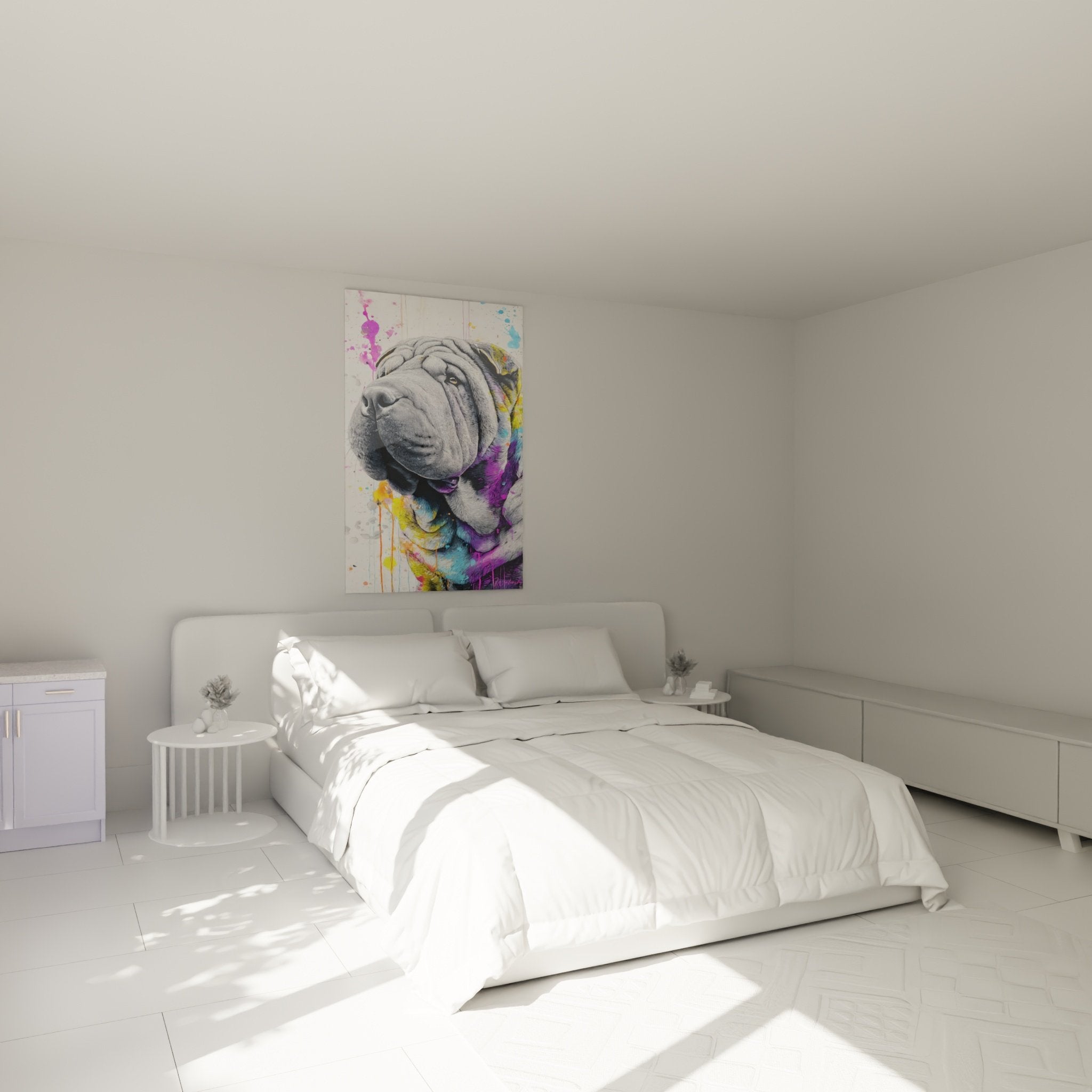 Farbiges Shar Pei Gemälde aufgehängt in modernem Schlafzimmer mit weißen Wänden und zeitgenössischer Dekoration