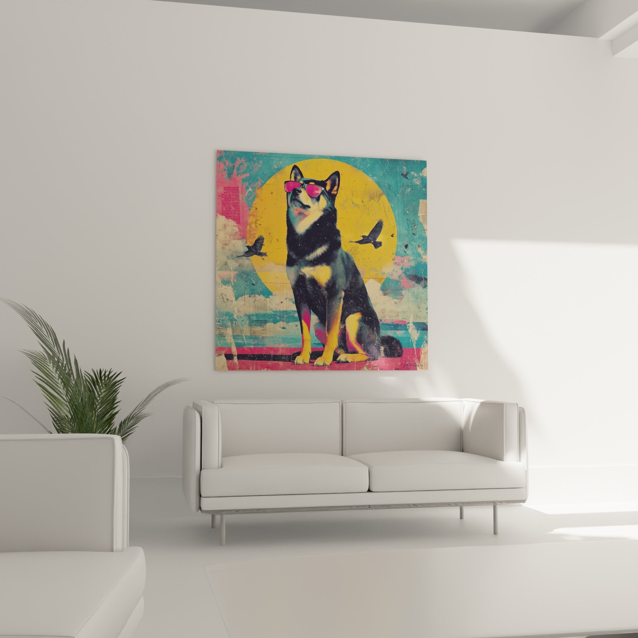 Kunstvolles Porträtdetail Shiba Inu mit rosa Brille, Vintage-Effekt, türkis-rosa-beige Farben mit patinierter Oberfläche
