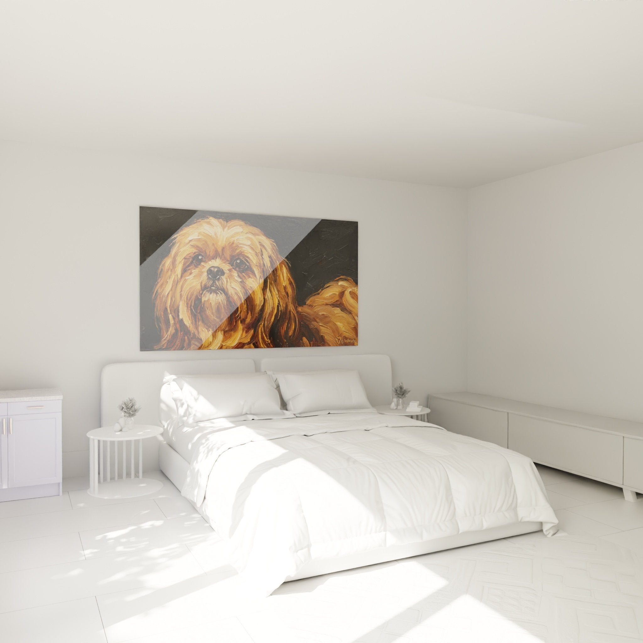 Portrait canin Shih Tzu tons dores dans chambre decoration murale ambiance chaleureuse cosy