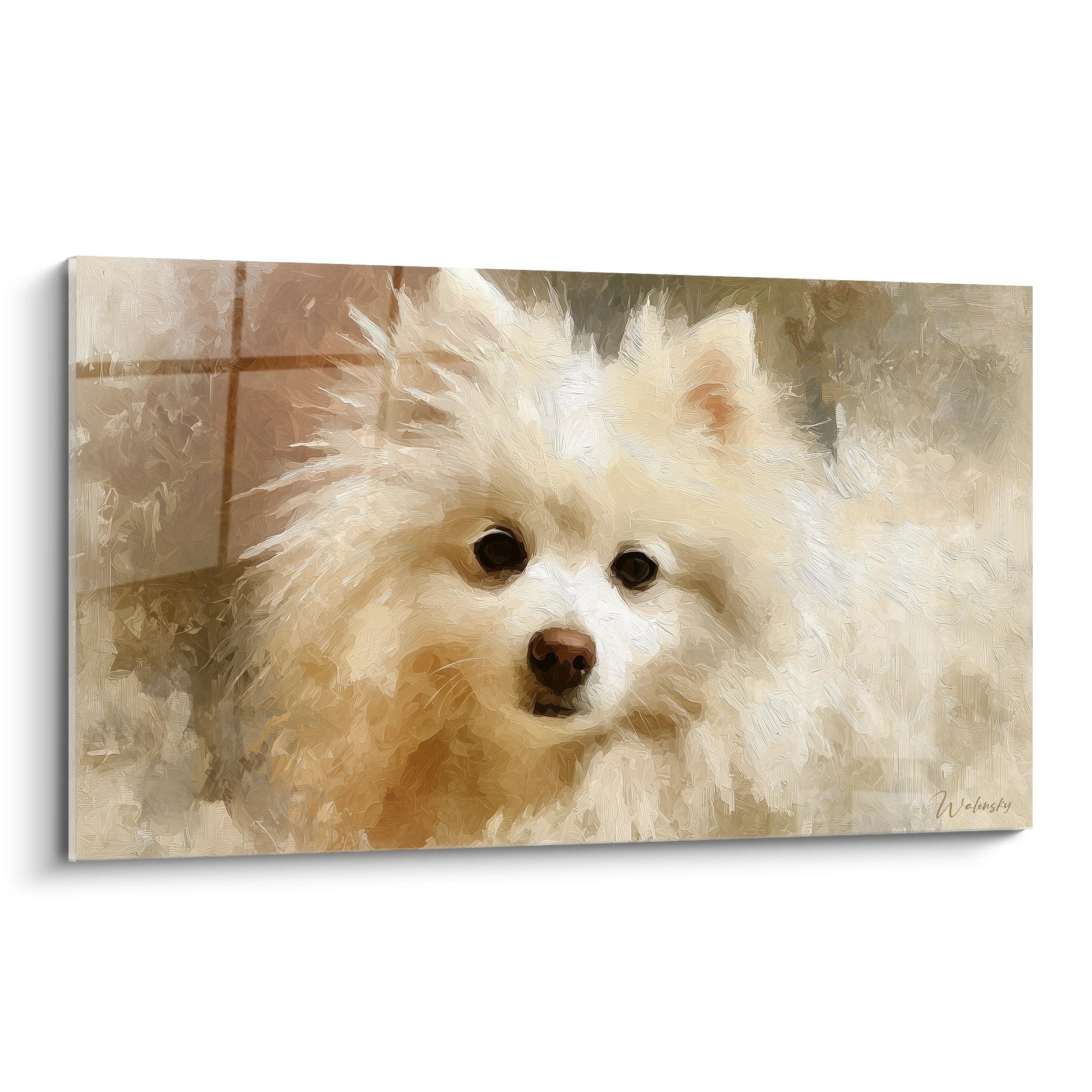 Portrait artistique Spitz Japonais tons crème et dorés technique pinceau fluide expression douce contemplative