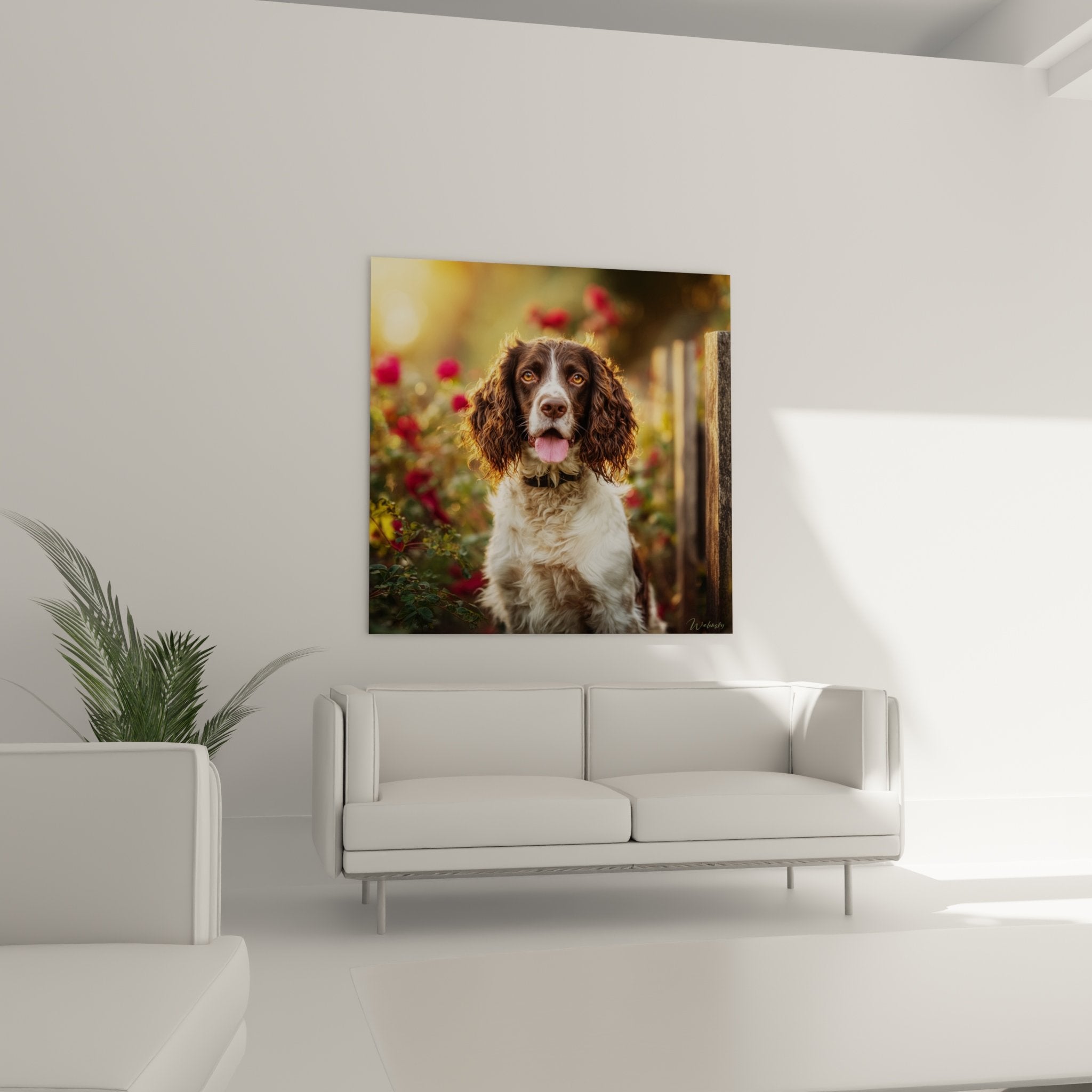 Gros plan portrait Springer Anglais pelage brun blanc yeux dorés expression tendre naturelle