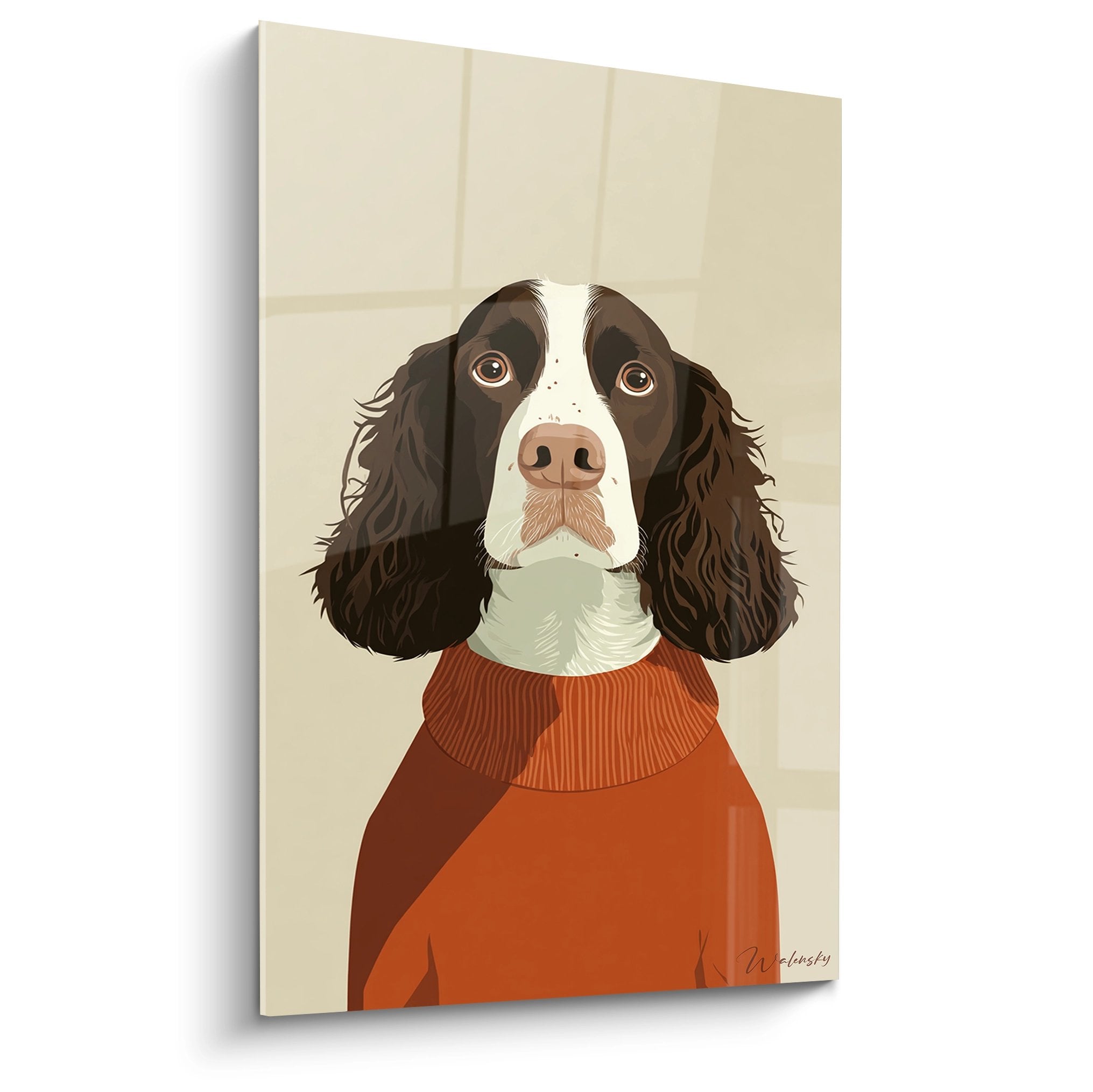 Portrait contemporain Springer Anglais pull orange terracotta fond beige style artistique moderne