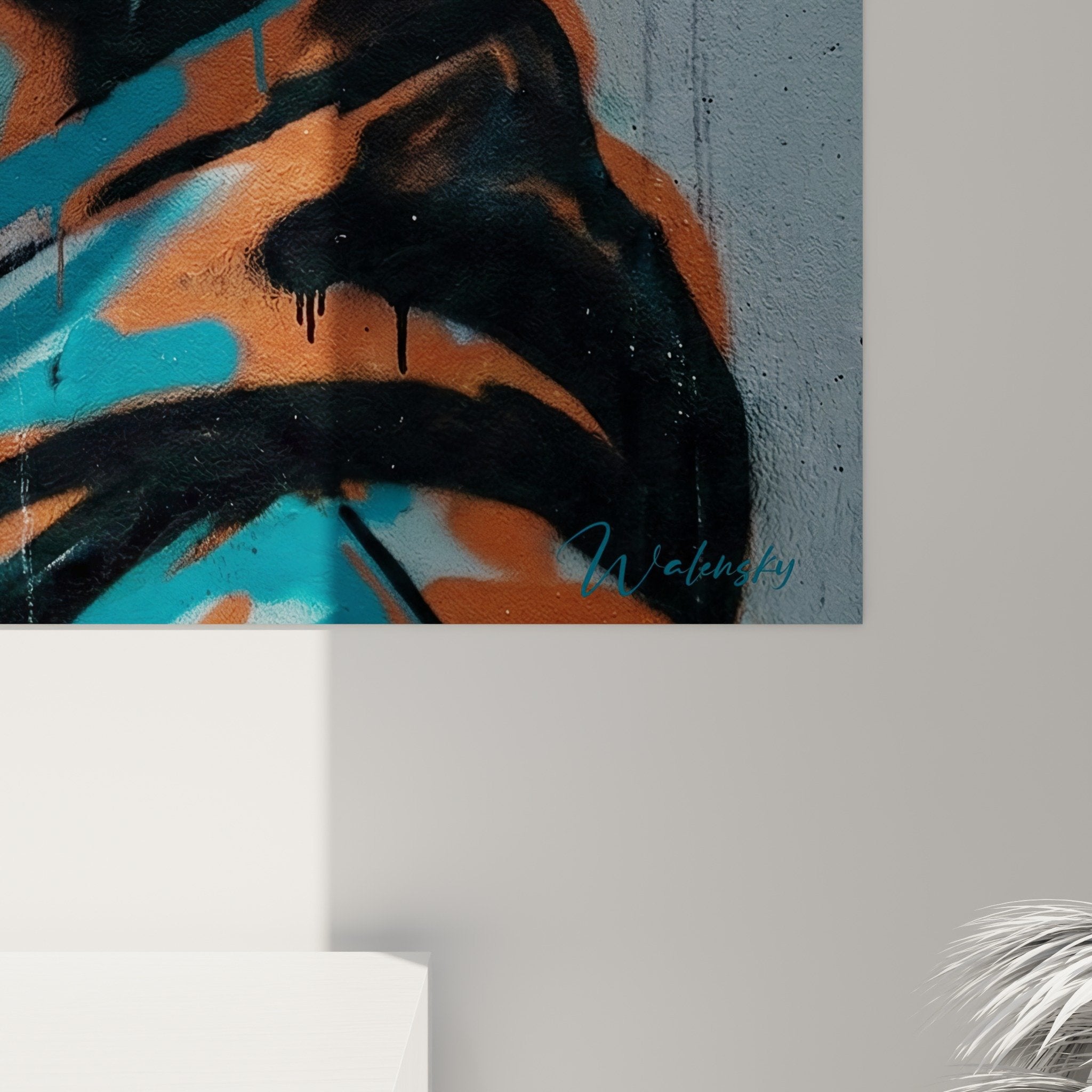 Vue ensemble portrait street art pochoir bleu orange salon contemporain mobilier moderne