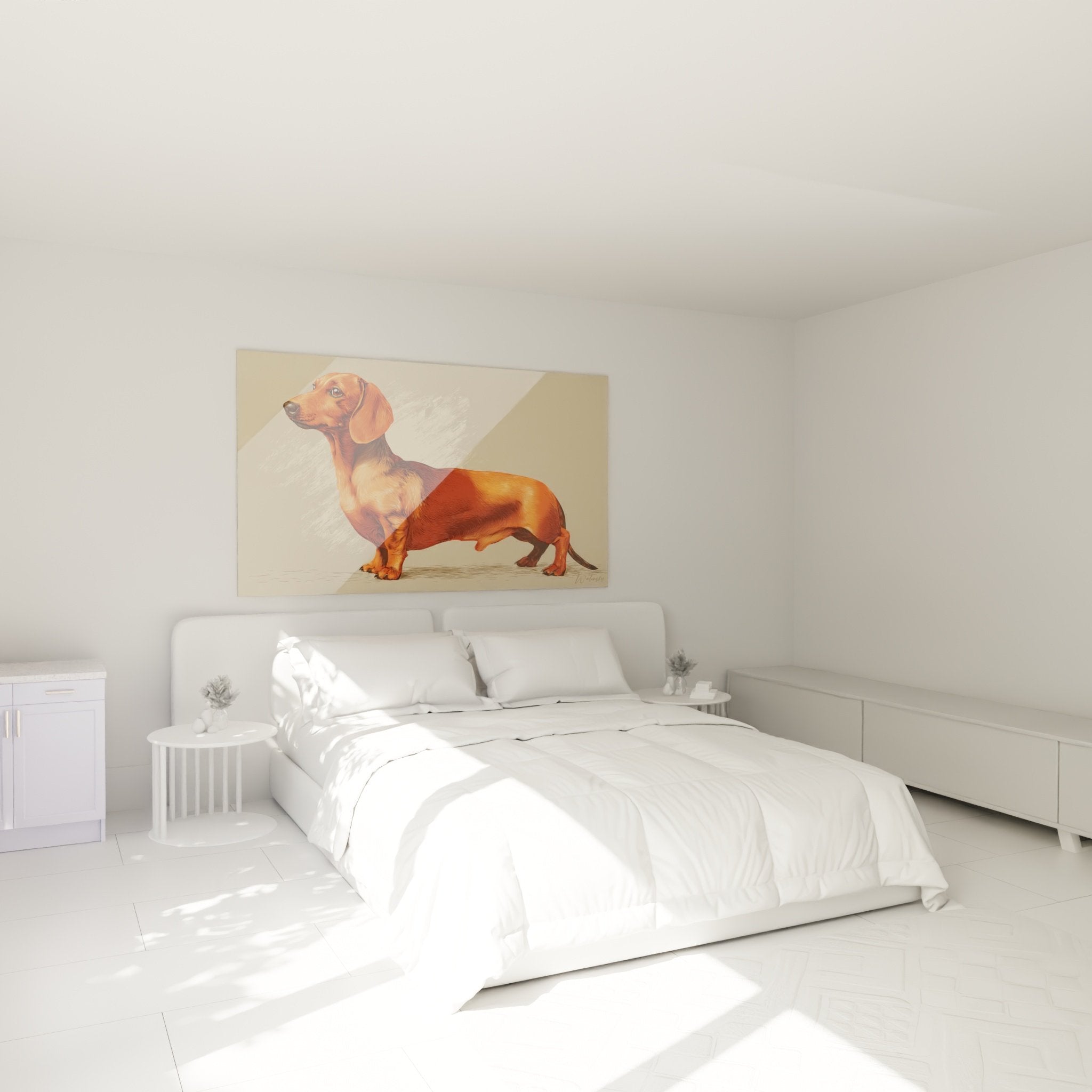 Portrait teckel roux decoration chambre ambiance chaleureuse tableau canin artistic tons ocre cuivre