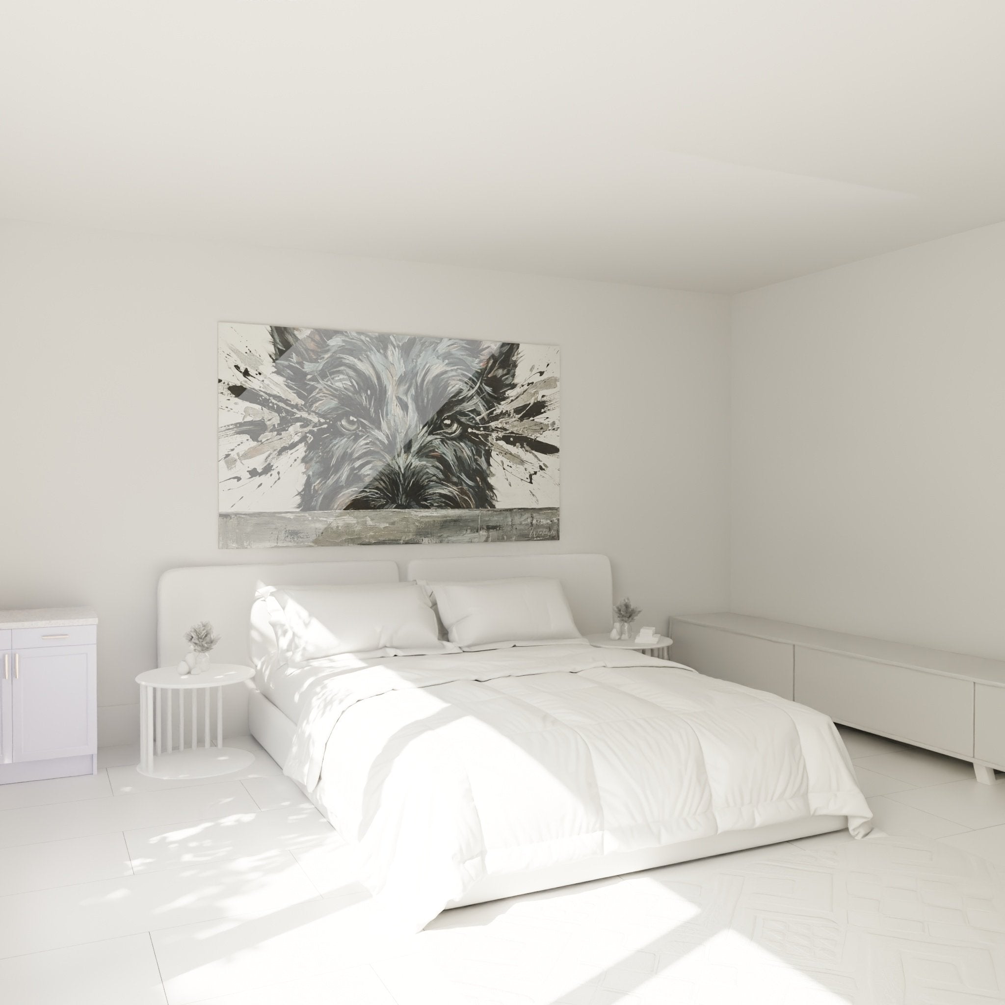Portrait artistique de terrier ecossais noir dans chambre moderne aux murs blancs epures