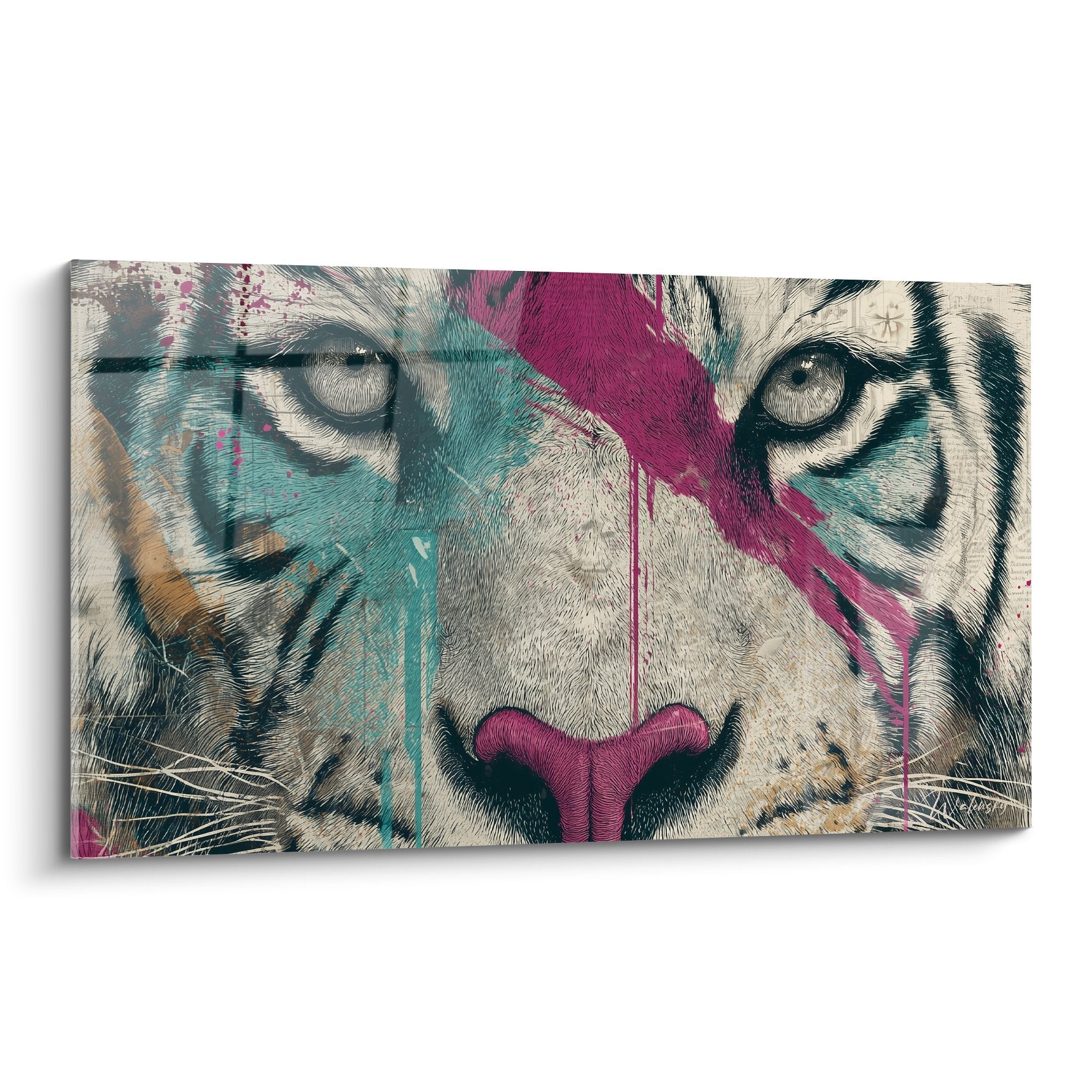 Künstlerisches Tigerporträt in Türkis und Magenta mit intensivem Blick und Farbläufen