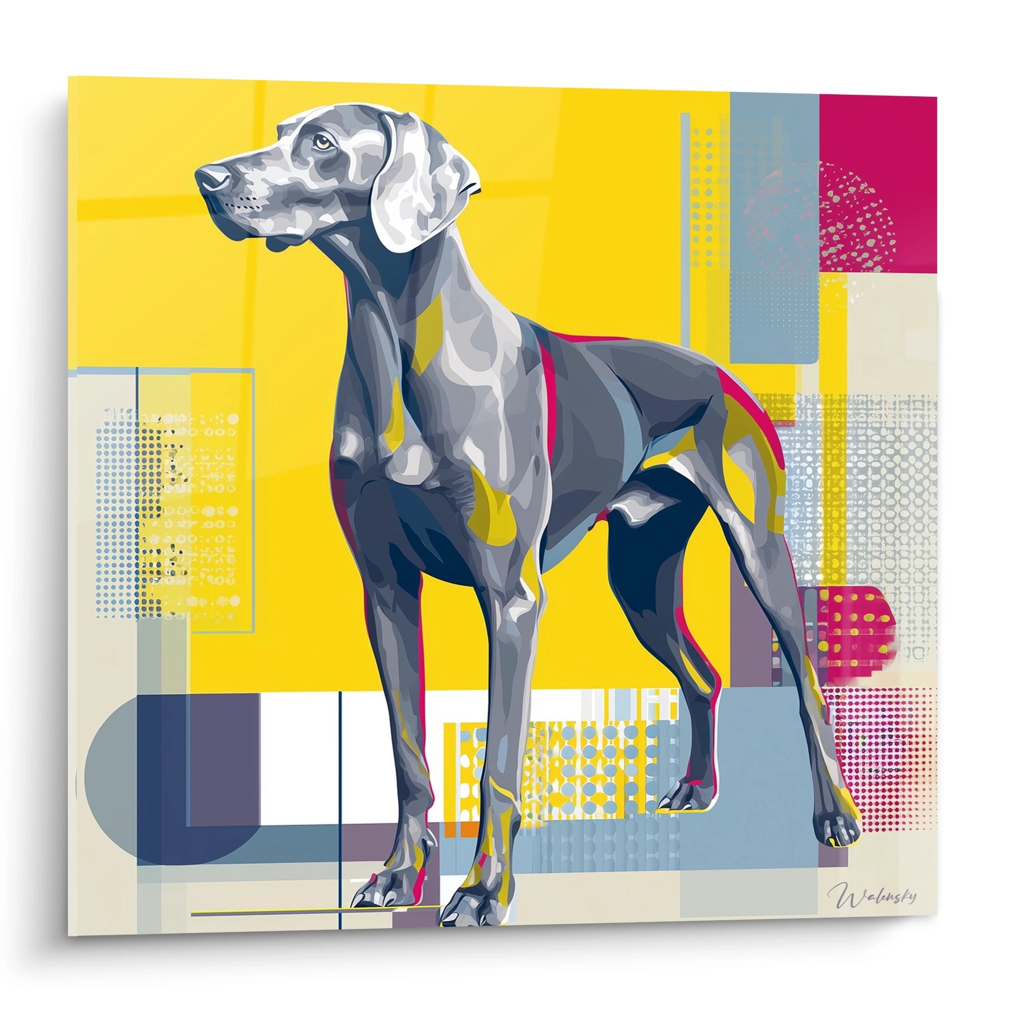 Portrait moderne de Weimaraner gris sur fond geometrique jaune rose et bleu tableau contemporain chien noble