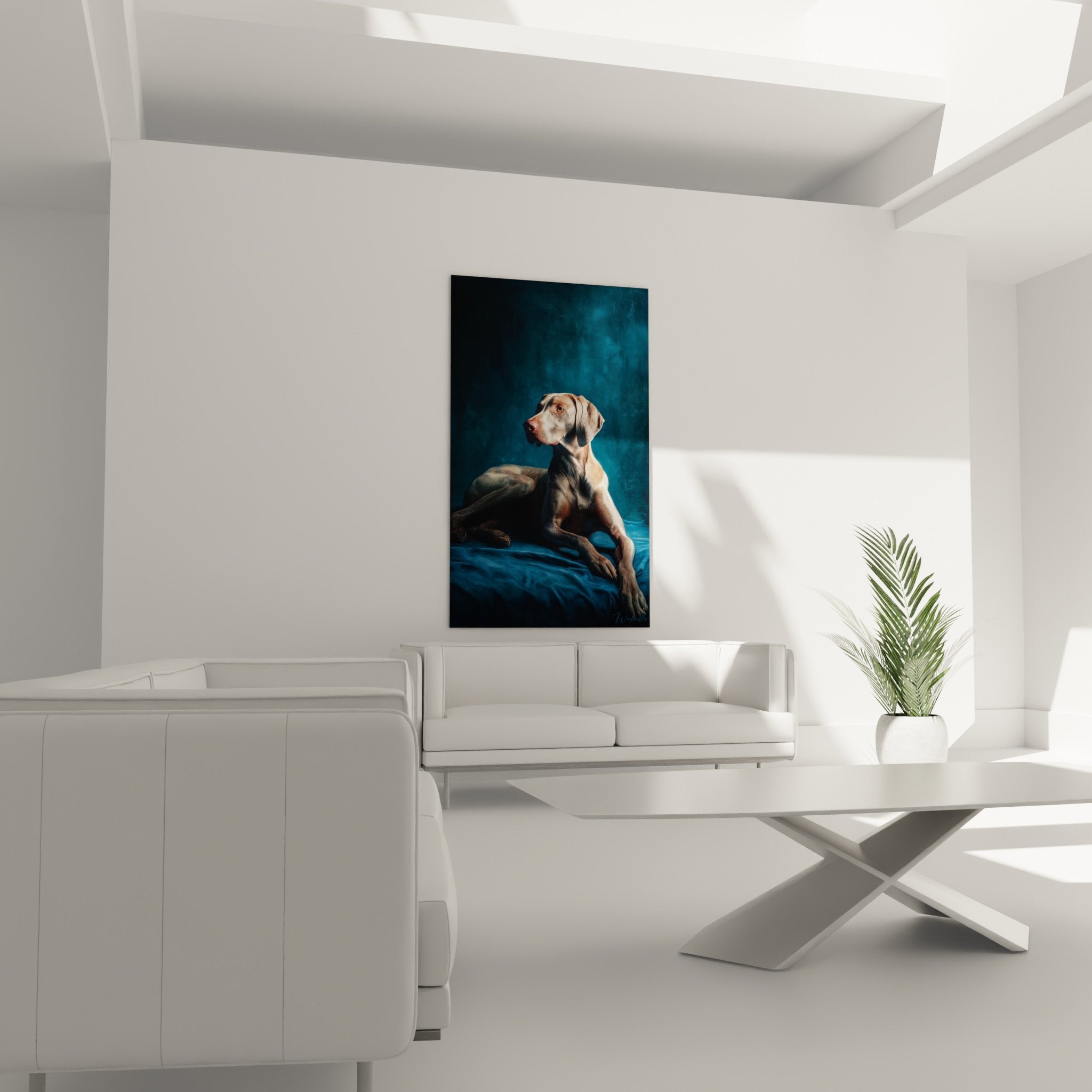 Portrait rapproche weimaraner gris argente regard pensif sur literie bleue turquoise