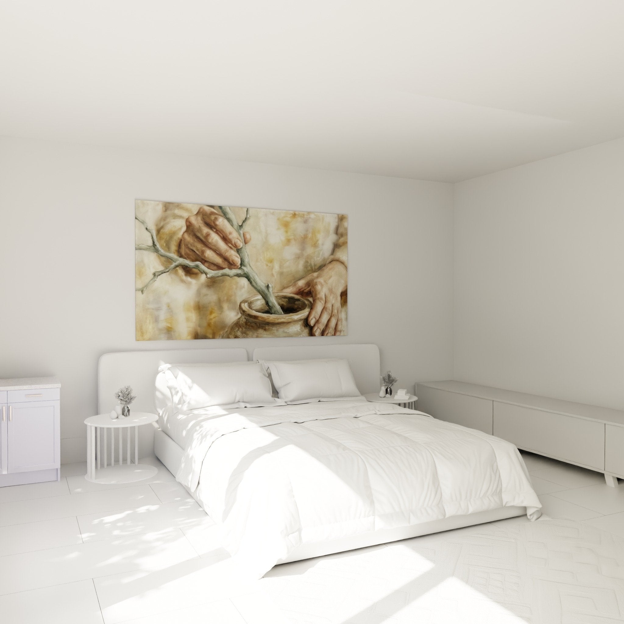 tableau potier argile beige dans chambre zen decoration murale apaisante style japandi naturel
