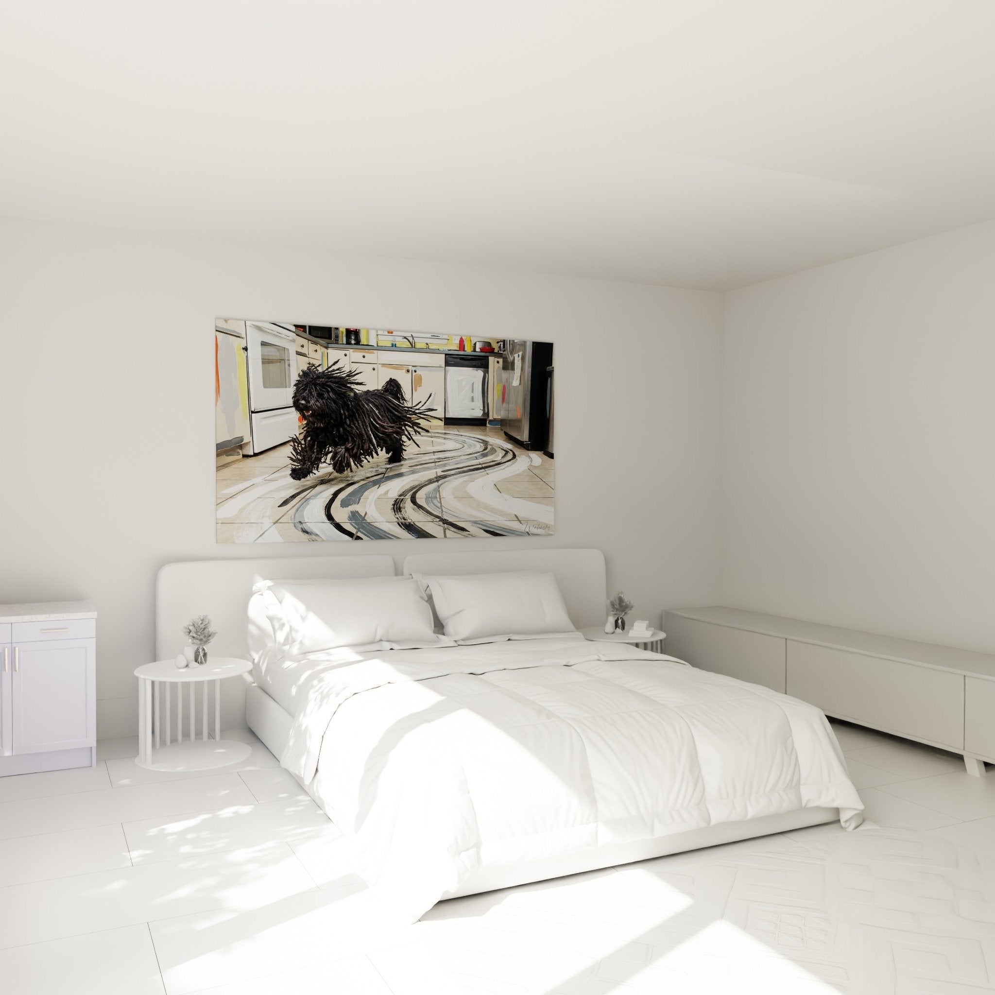 Tableau Puli noir dynamique accroché au mur d'une chambre contemporaine aux tons neutres