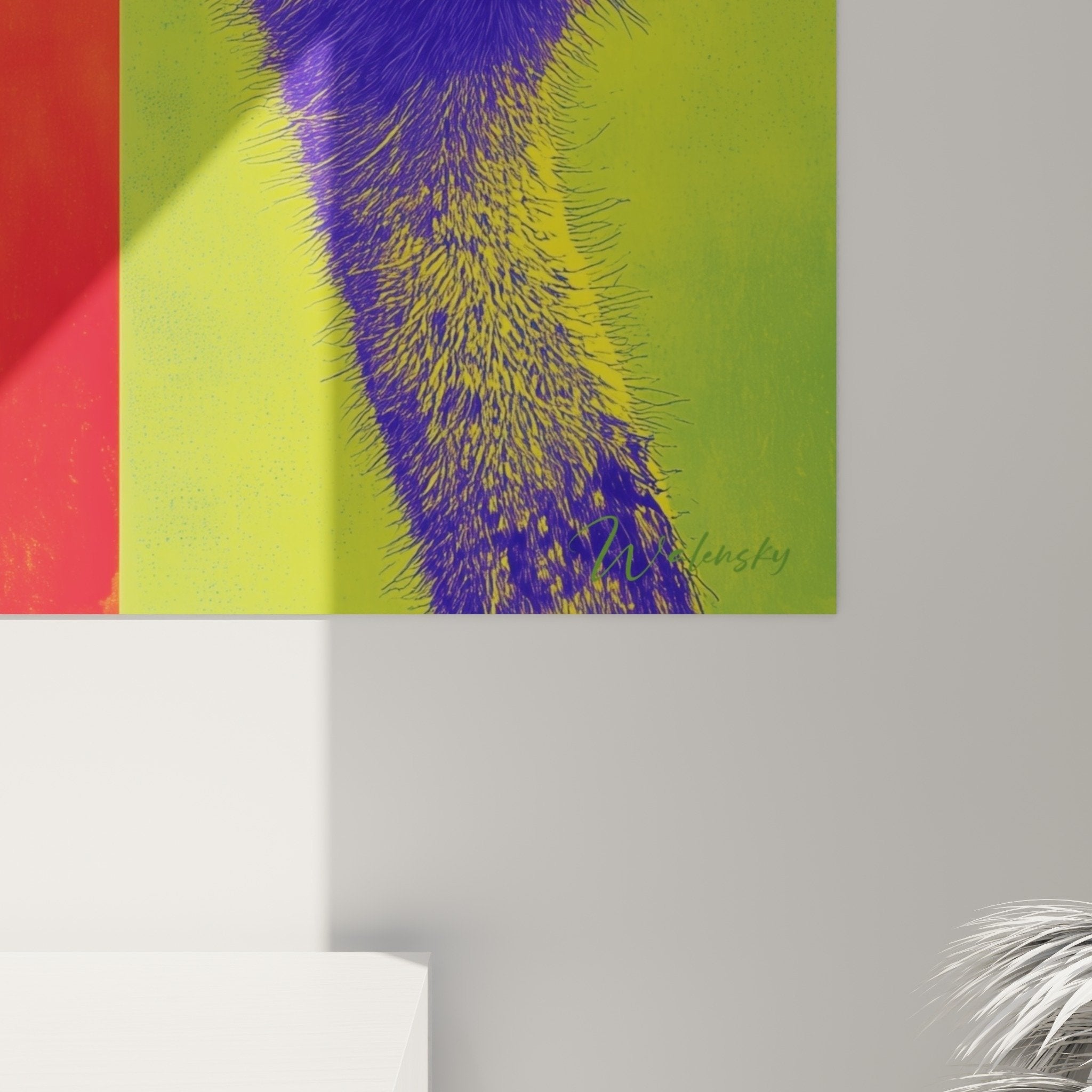 Gesamtansicht Vierteiliges Straußen-Pop-Art-Kunstwerk vier Porträts leuchtende Farben künstlerische Wanddekoration