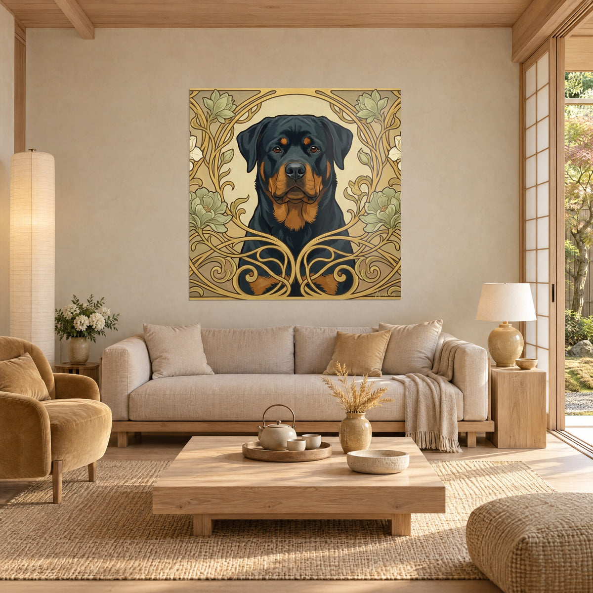 Gemälde Rottweiler mit schwarz-lohfarbenem Fell, Rahmen aus goldenen Jugendstil-Ranken, über einem Sofa in einem hellen Wohnzimmer