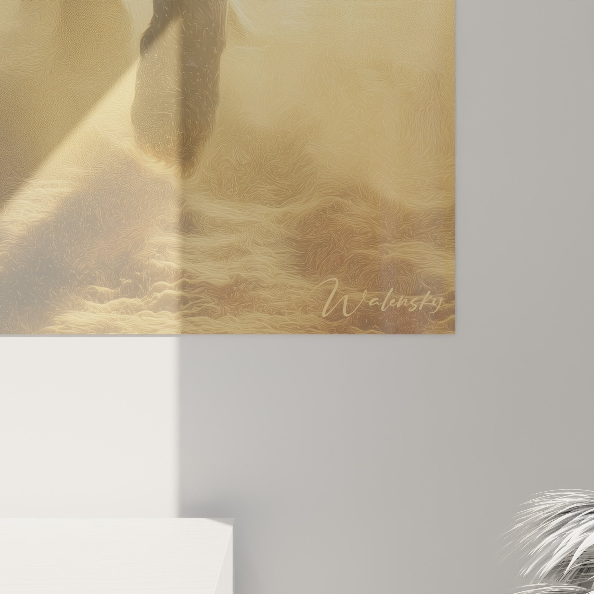 Gesamtansicht Gemälde Bernhardiner Goldnebel Wohnzimmer Wanddekoration Hundekunst Berg