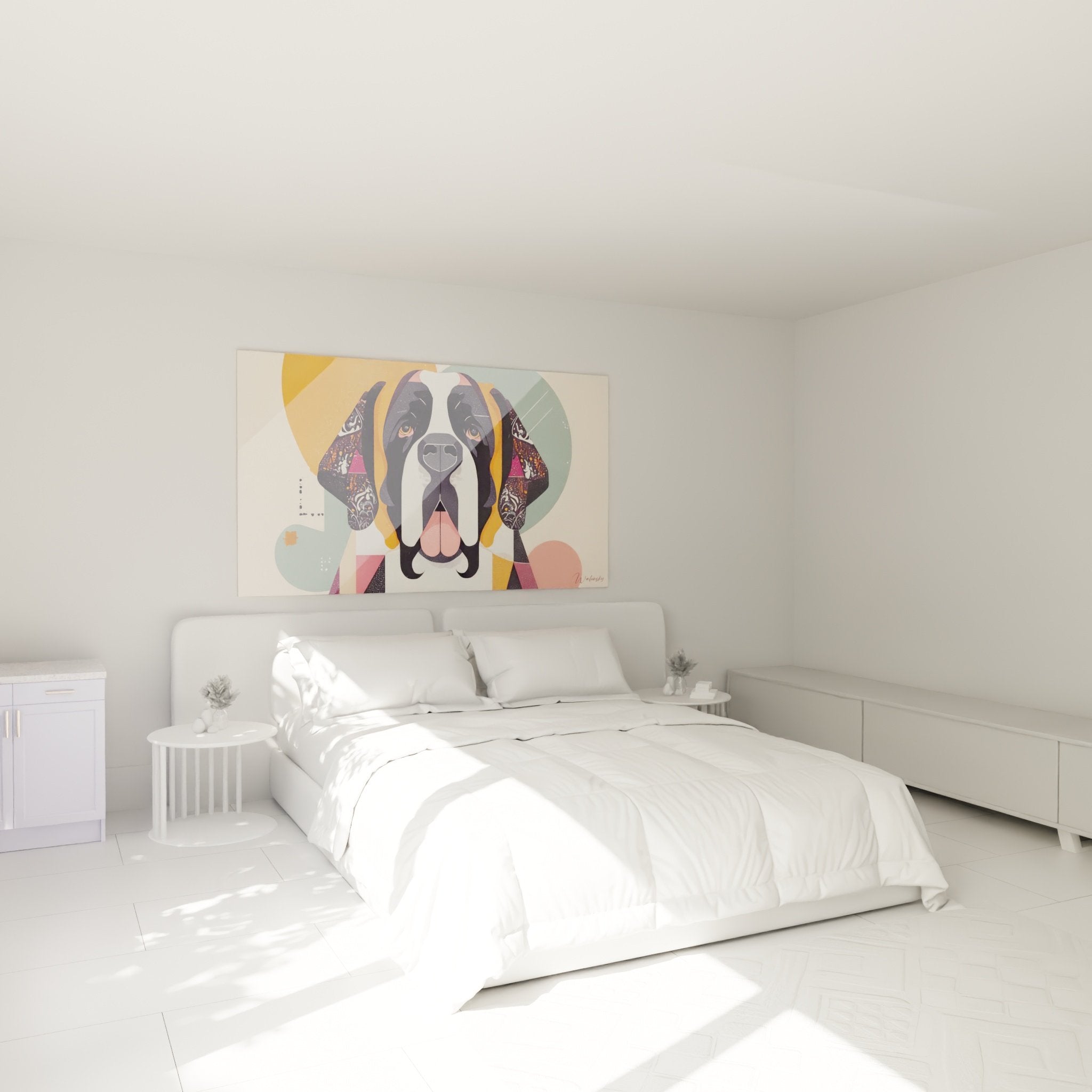 Farbiges geometrisches St. Bernhard Gemälde das ein modernes Schlafzimmer an einer weißen Wand mit warmer Atmosphäre dekoriert