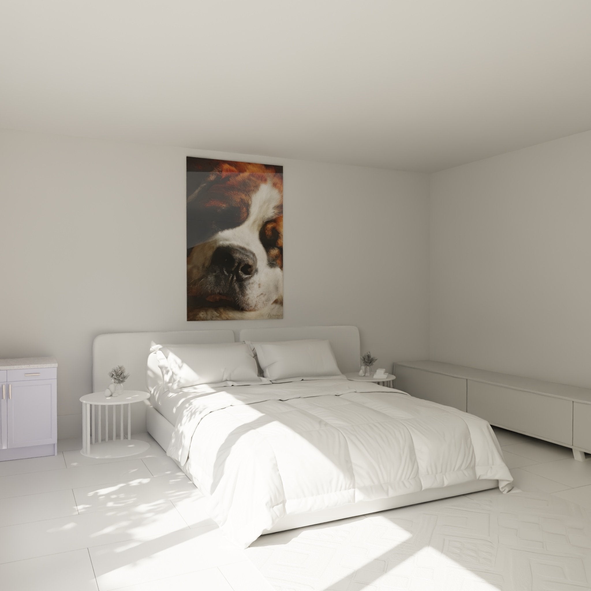 Gemälde mit Bernhardiner-Schnauze in modernem Schlafzimmer mit warmen Tönen und natürlichen Holzmöbeln