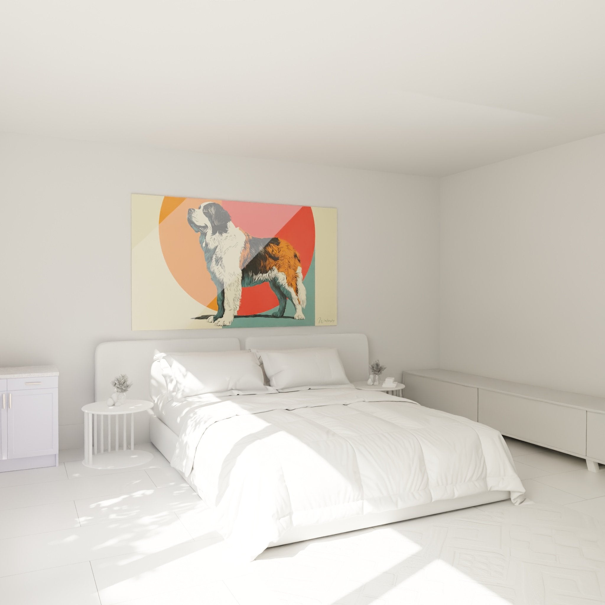 Modernes Saint-Bernhard-Gemälde an der Schlafzimmerwand - Mehrfarbige Hundewanddekoration auf farbigem Hintergrund
