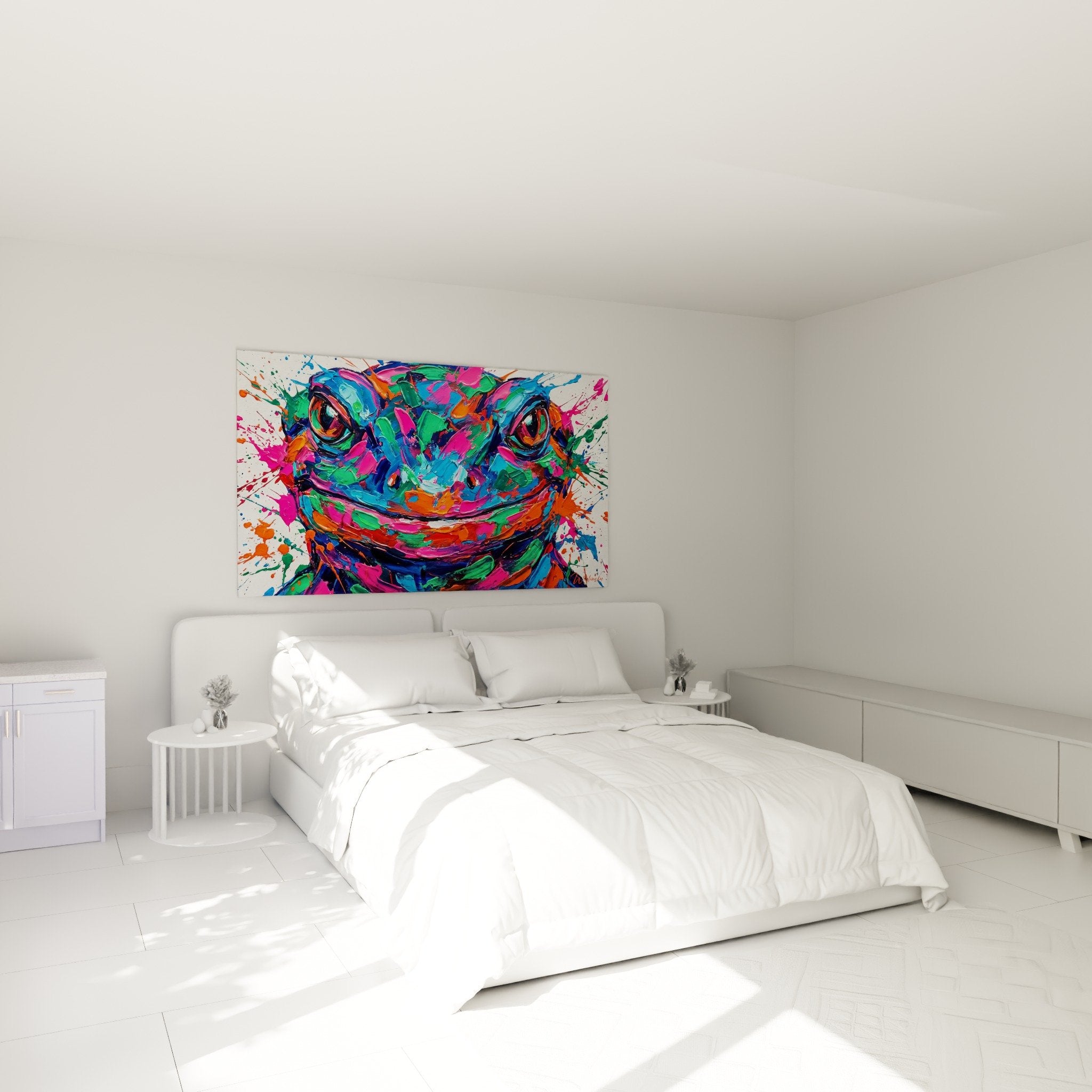 buntes salamander gemälde modernes schlafzimmer weißer wand wanddeko zeitgenössische kunst abstrakter blauer rosa grüner
