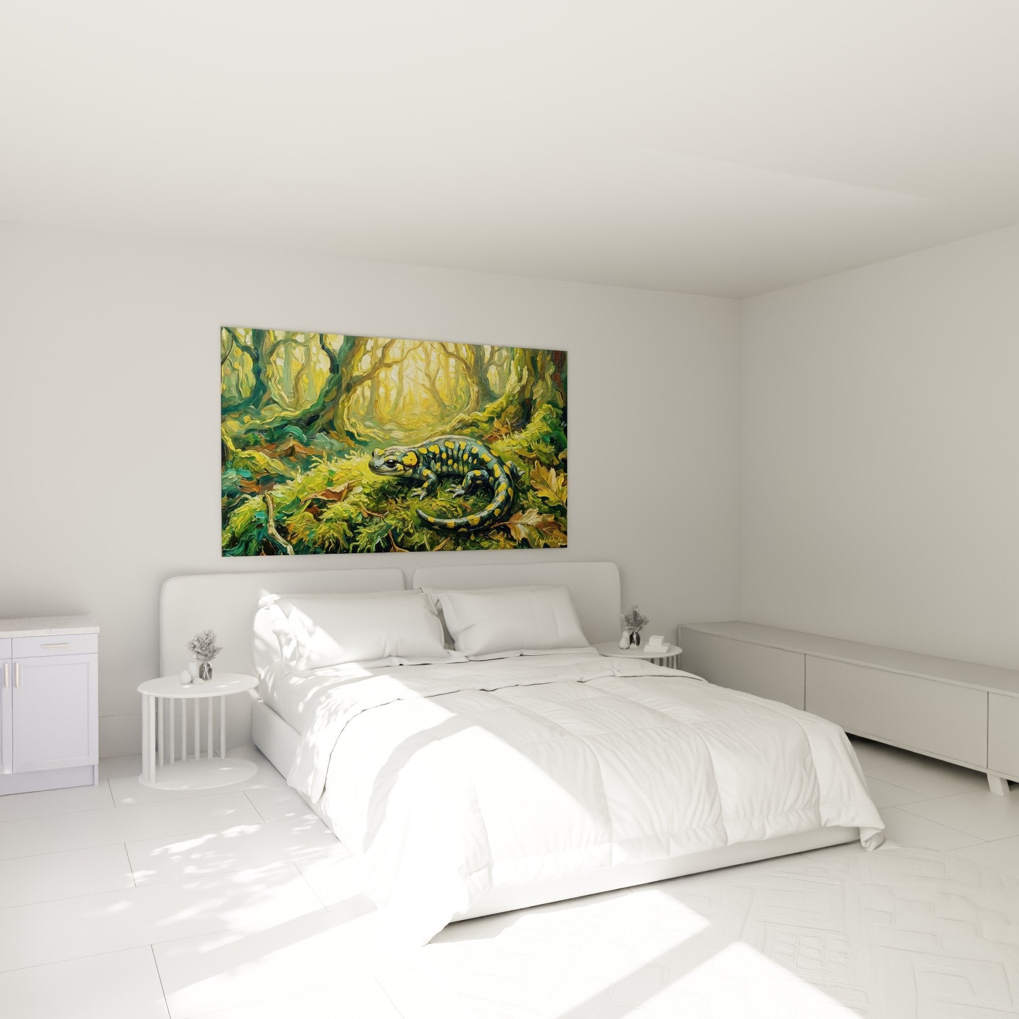 Salamander-Gemälde mystischer Wald Schlafzimmer Wanddekoration Natur grün gold beruhigendes Ambiente