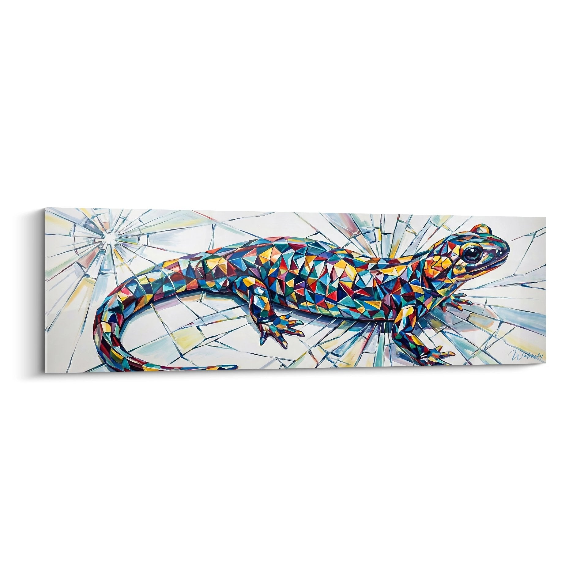 Multicolored geometric salamander in triangles on a background of crystalline light rays