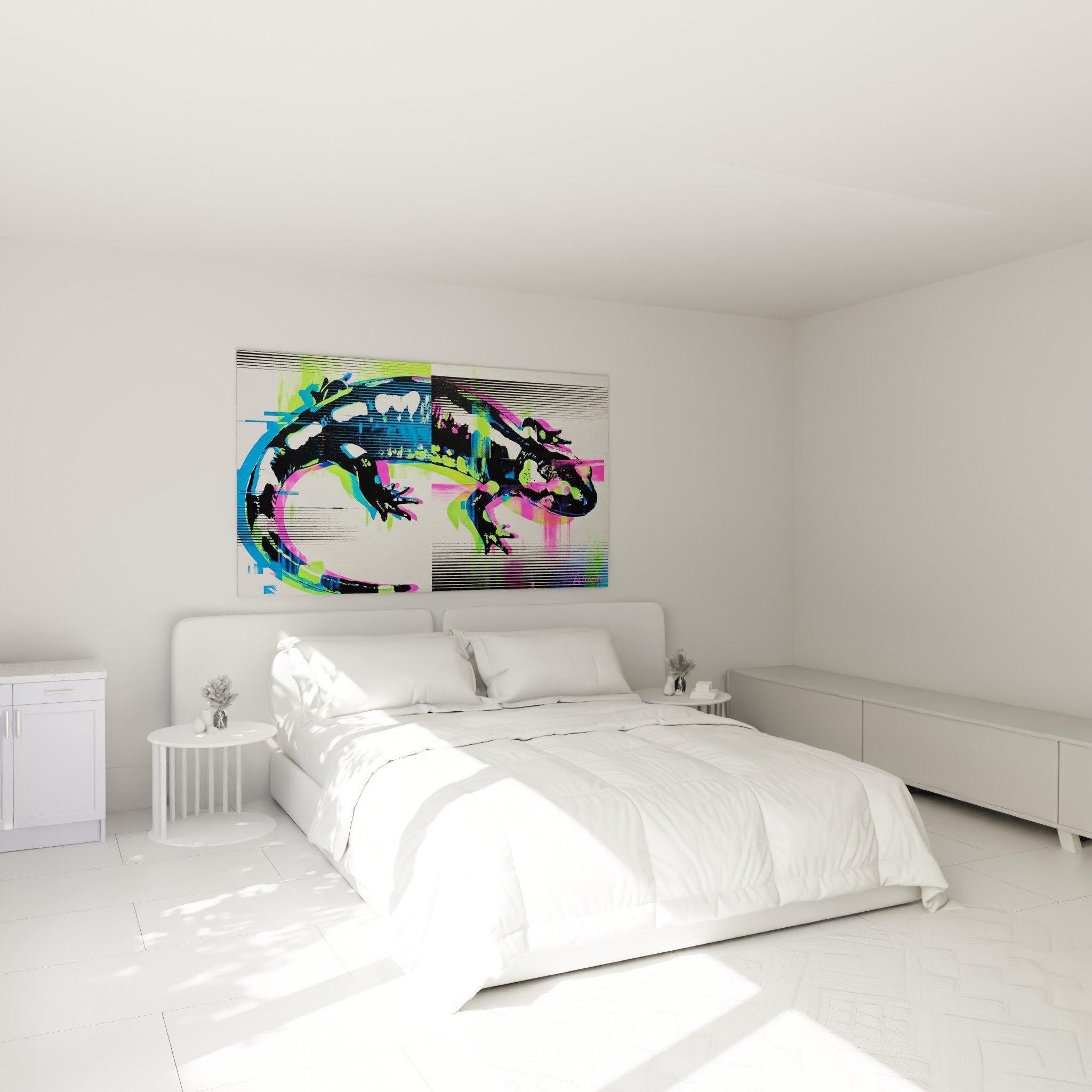 Salamander-Glitch-Kunstwerk in lebendigen Farben im modernen Schlafzimmer, weiße Wand, zeitgenössische Wanddekoration