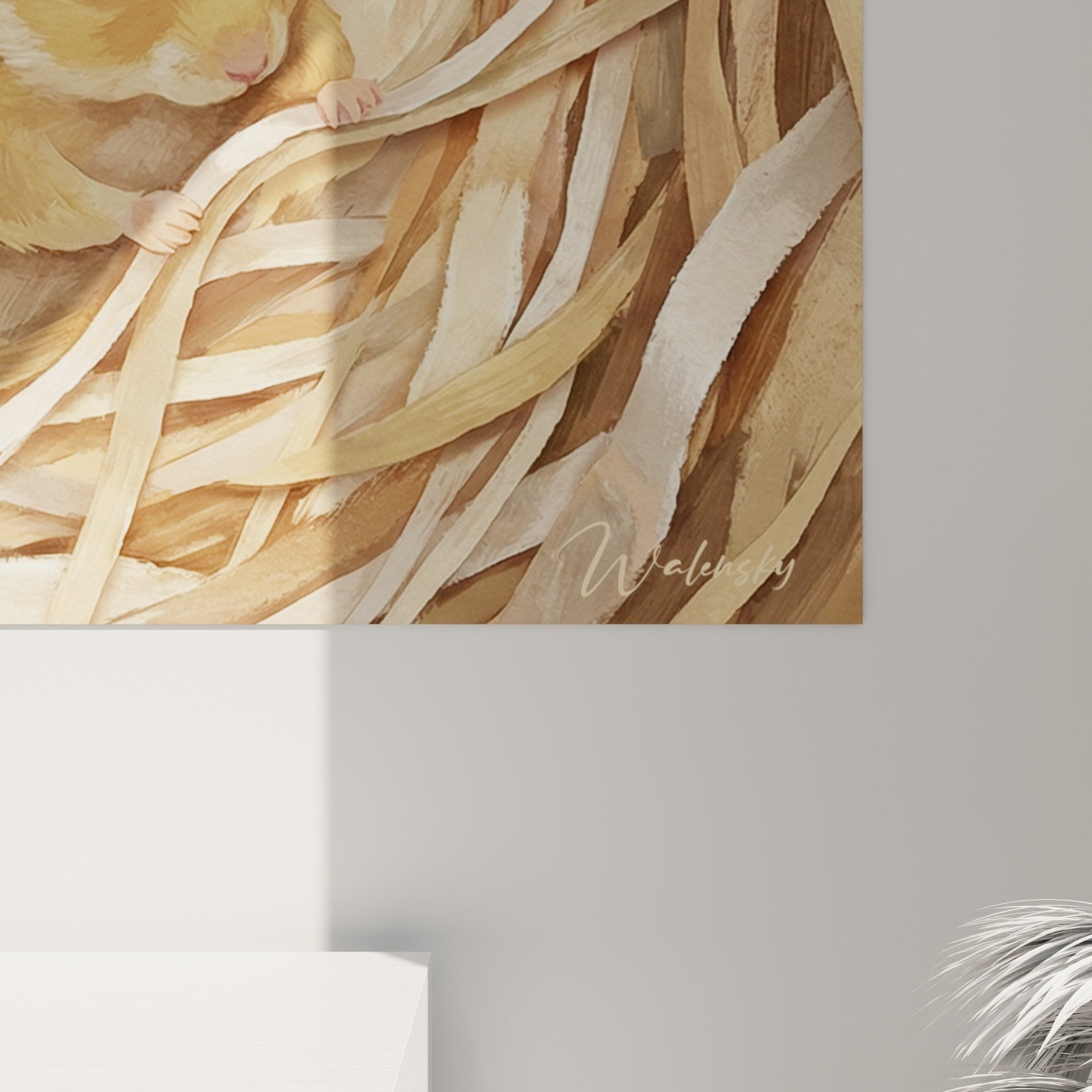 Übersichtsansicht Hamster-Schutzhaus-Kunstdruck mit Zweigen in gemütlichem Wohnzimmer in warmen Tönen