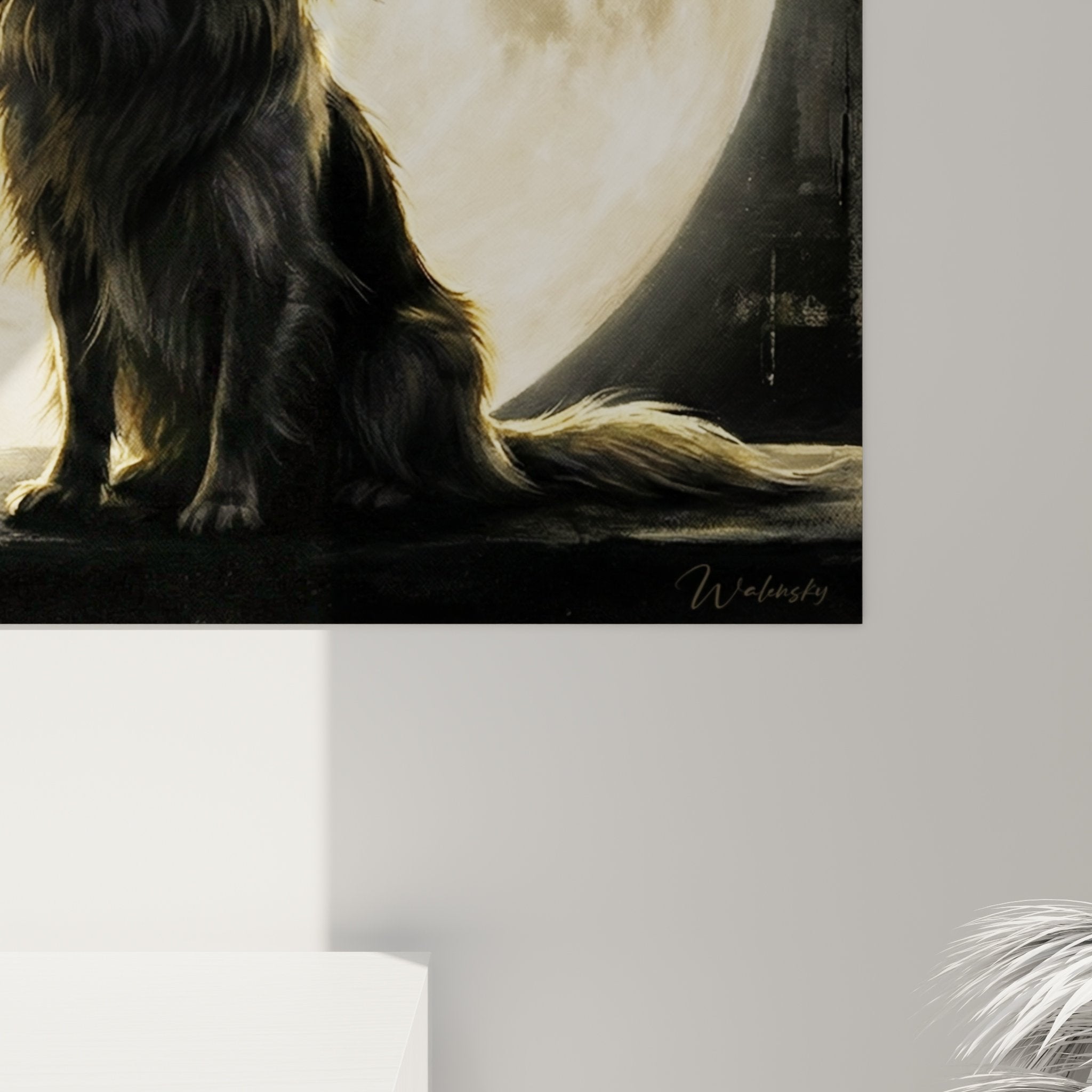 Tableau mural chien papillon lune salon decoration nocturne mystique reflets dores contemplatif