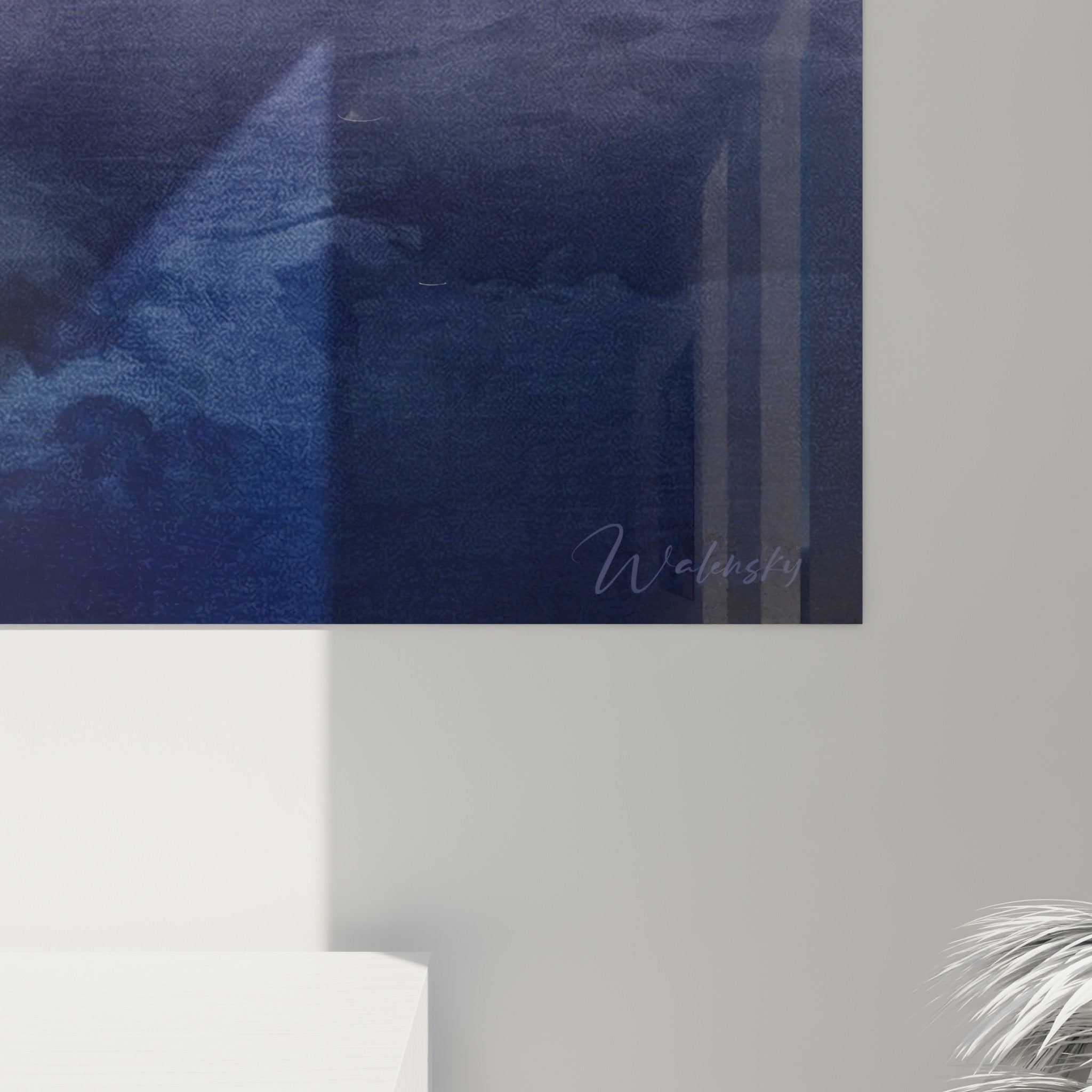 Vue ensemble salon tableau setter anglais fenêtre crépuscule décoration murale tons bleus élégants