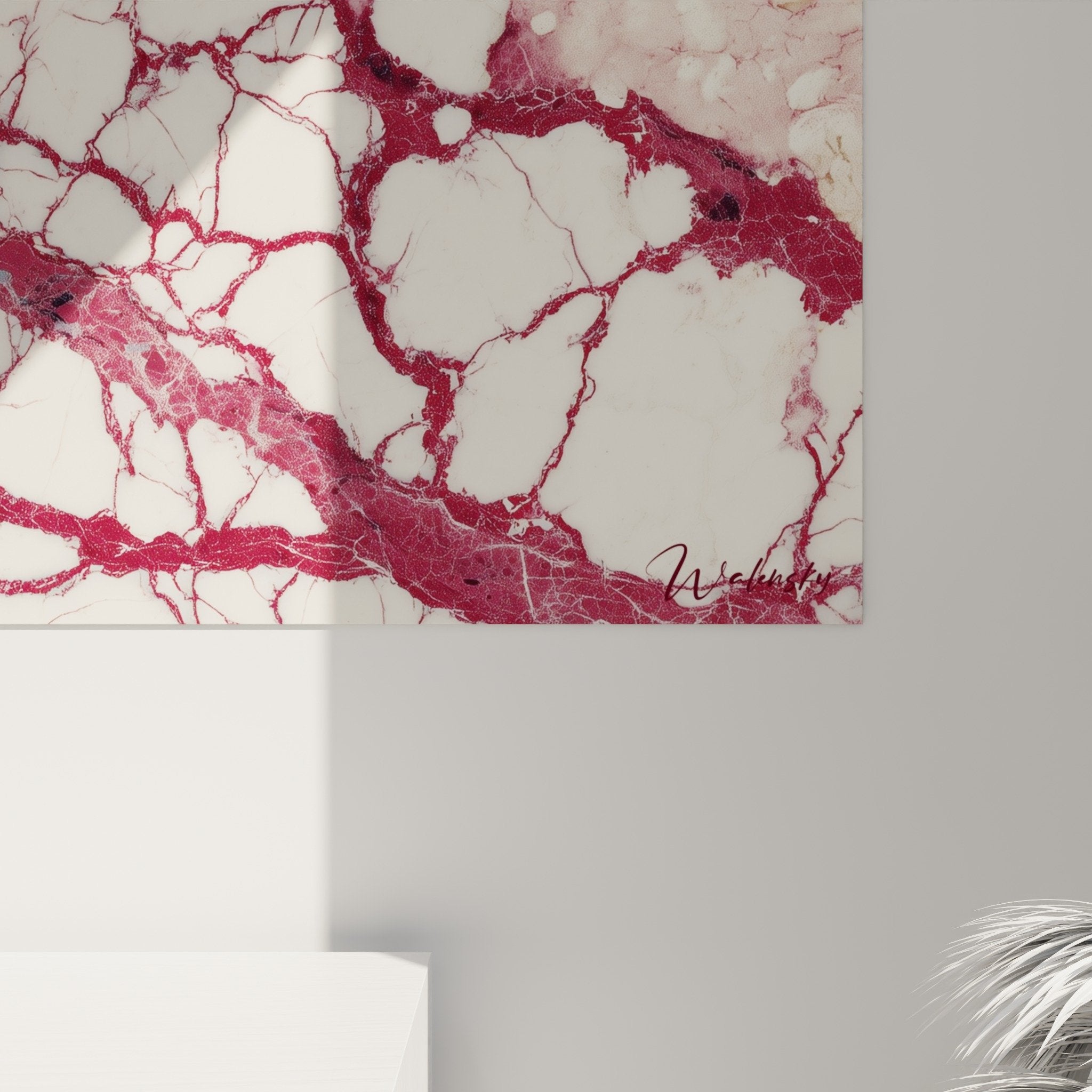 Modern living room view with abstract marble painting horizontal purple veins, contemporary wall decoration