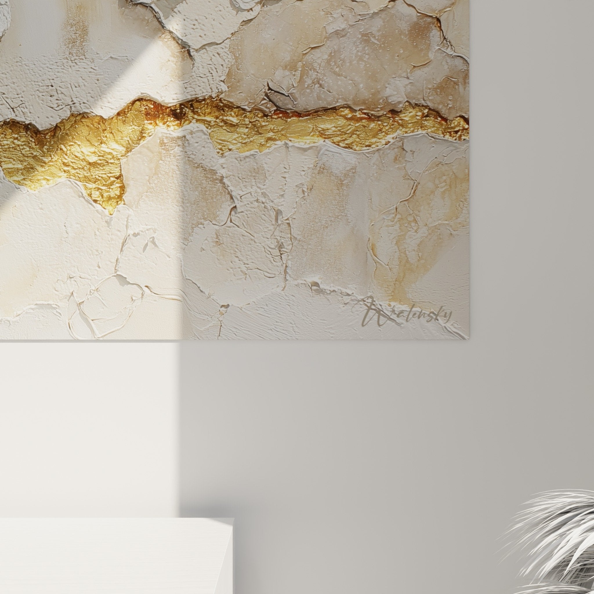 Modern living room overview abstract horizontal artwork golden cracks white wall zen decoration