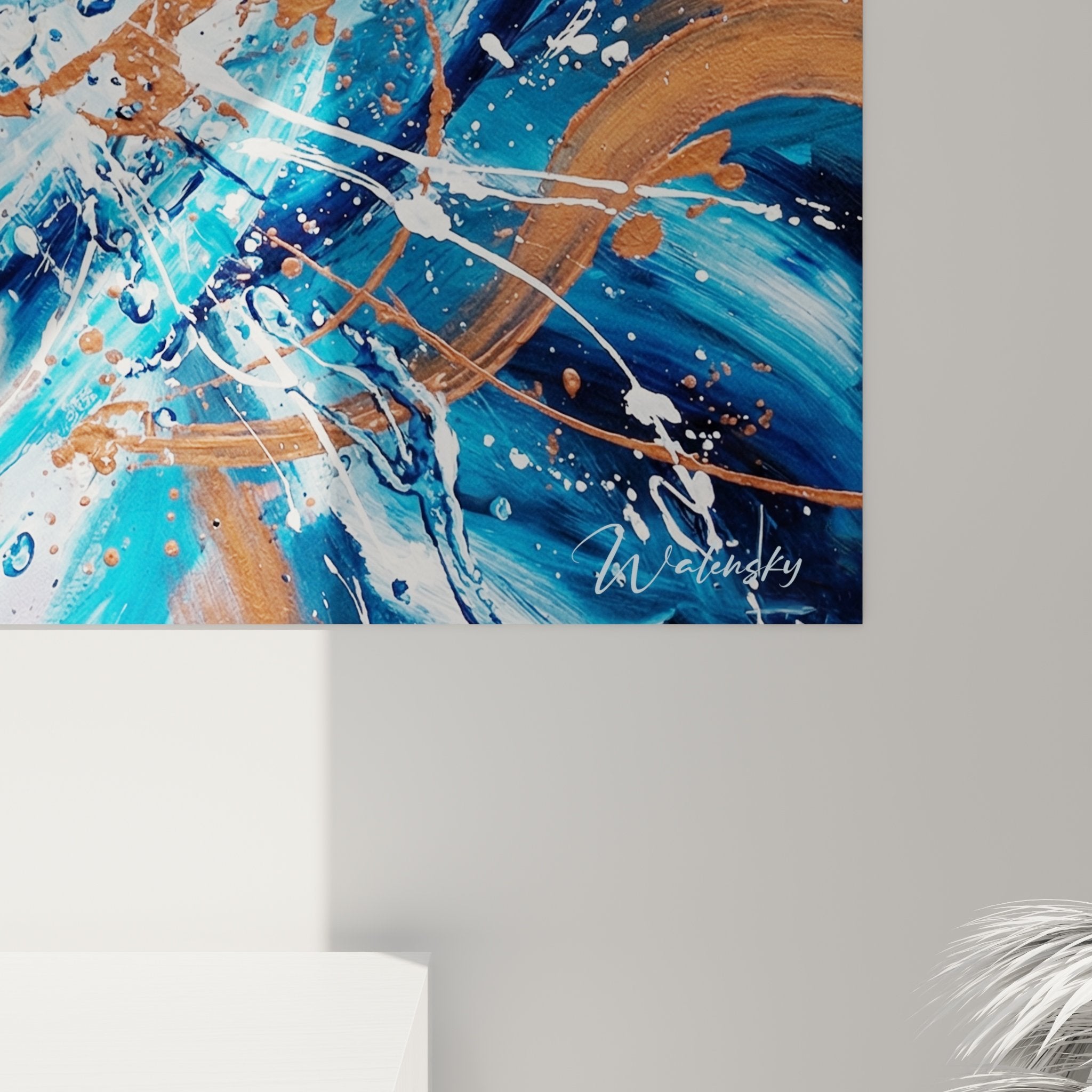 Vue ensemble salon moderne tableau Basenji explosion aquatique decoration murale art contemporain canin coloré