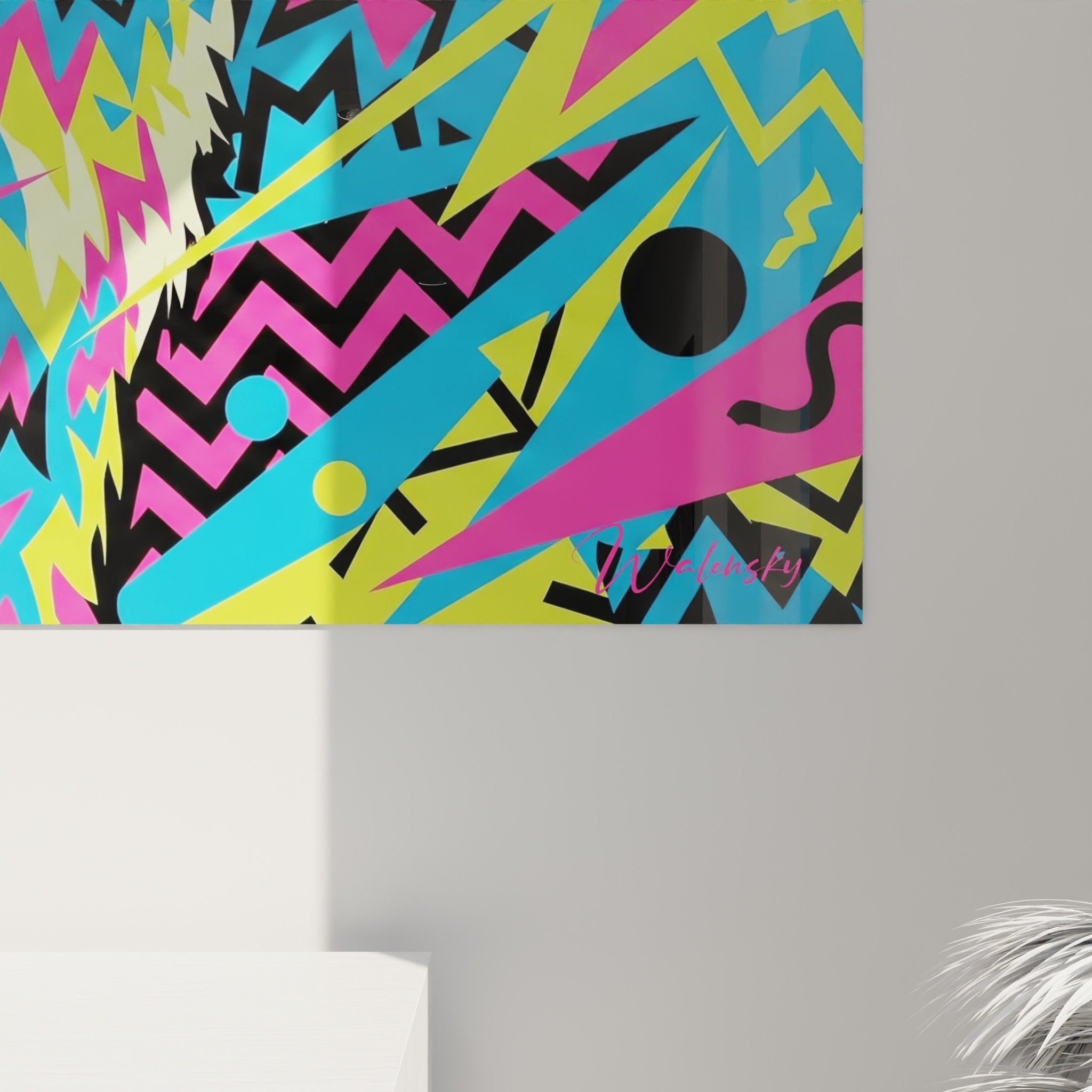 Gesamtansicht modernes Wohnzimmer Bichon Maltese Pop-Art-Gemälde farbige Wanddekoration zeitgenössisches Design
