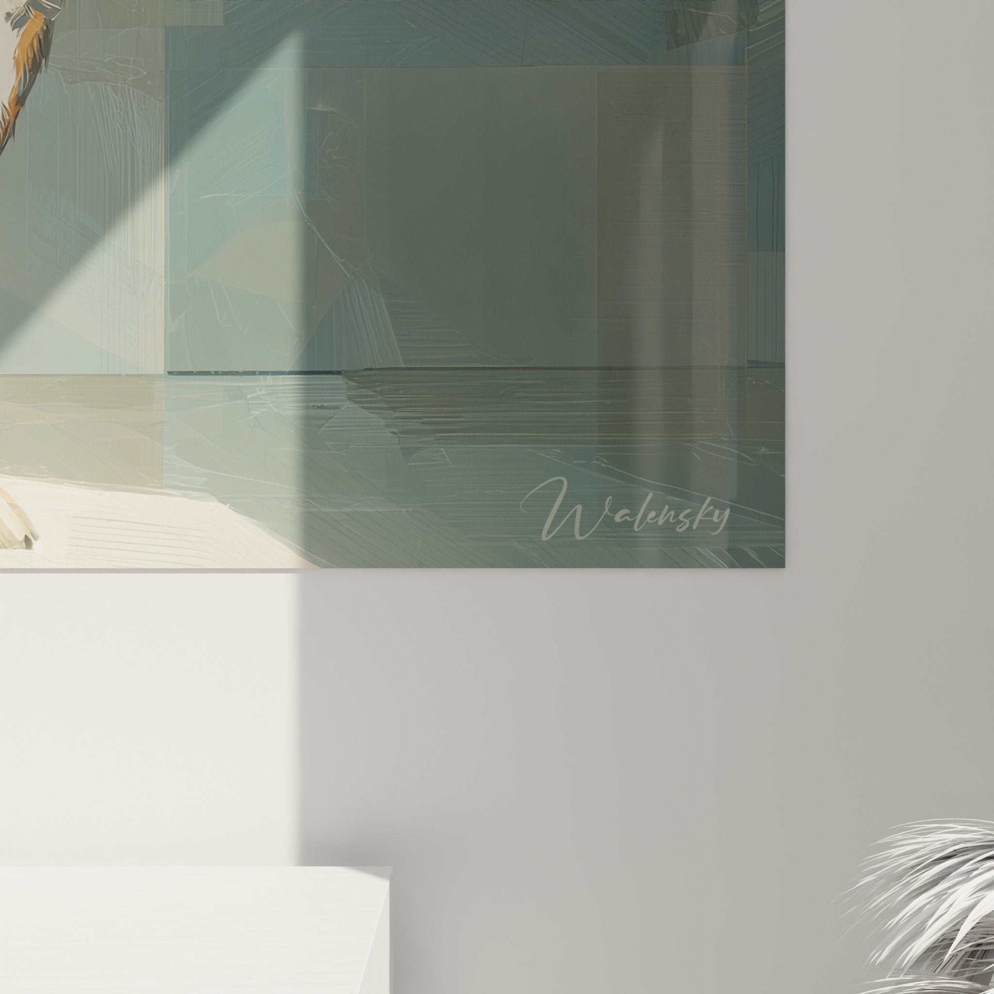 Full view of Bernese Mountain Dog painting in contemporary living room with modern decor warm neutral tones