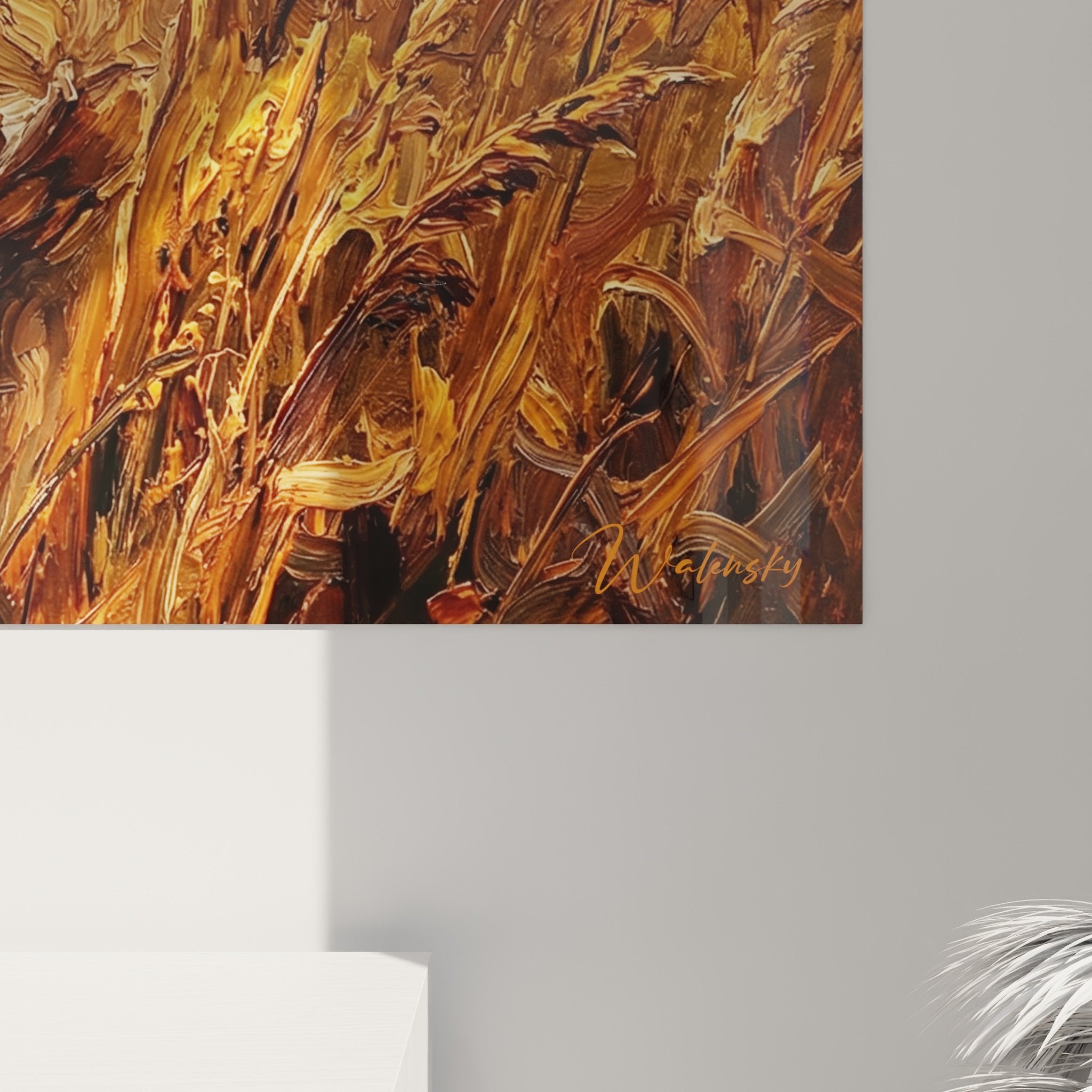 Vue ensemble salon moderne avec tableau bullmastiff champêtre intégration déco tons chauds automnaux