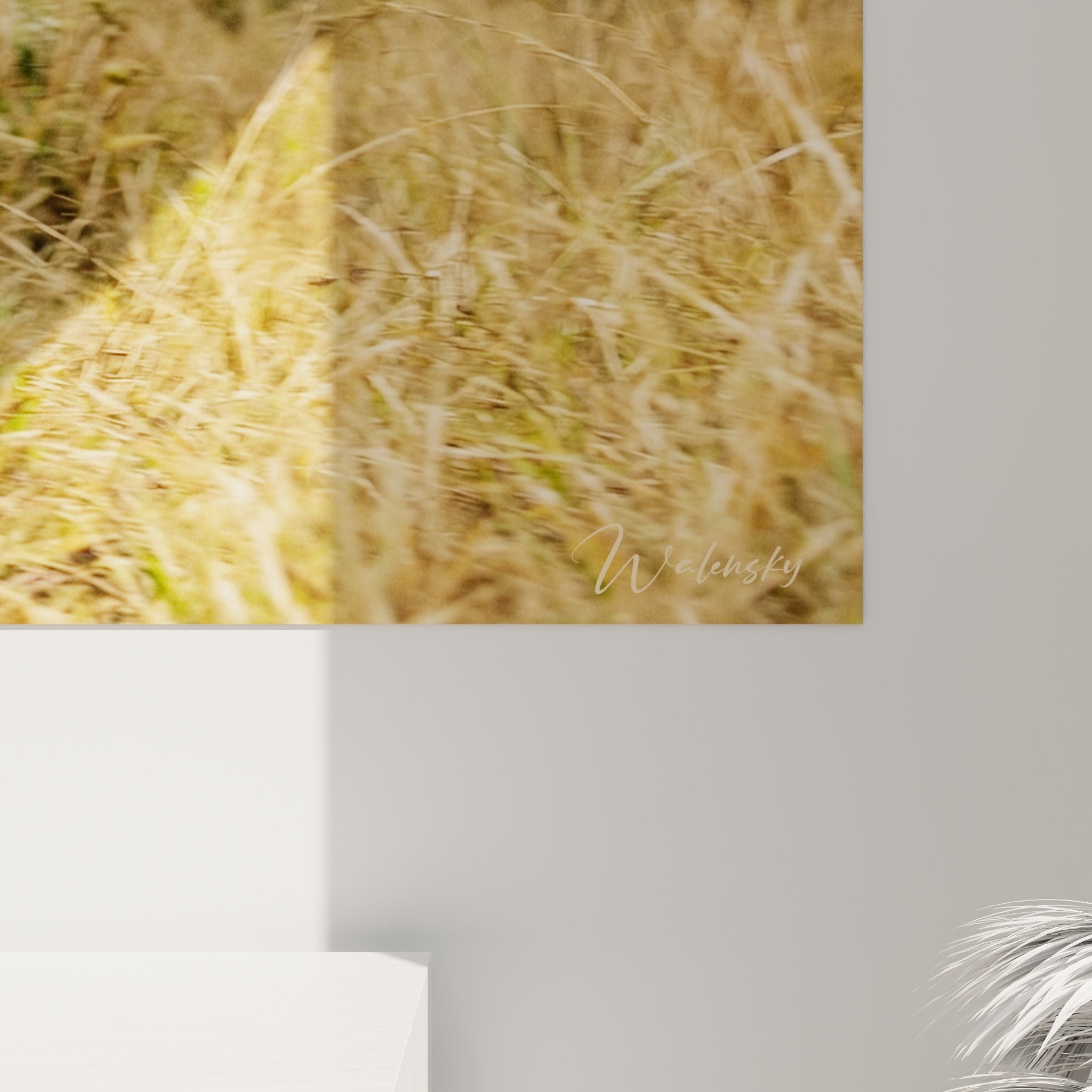 Overview of Basenji artwork in living room, nature piece with warm tones on modern light wall