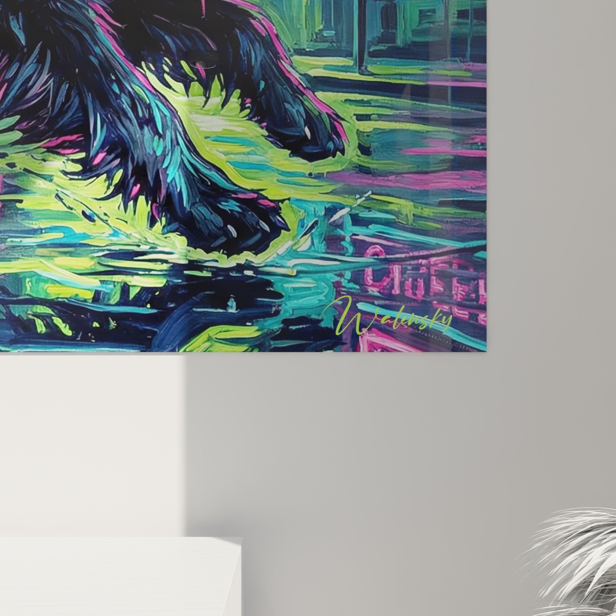 Vue ensemble tableau chien cyberpunk dans salon contemporain decoration moderne