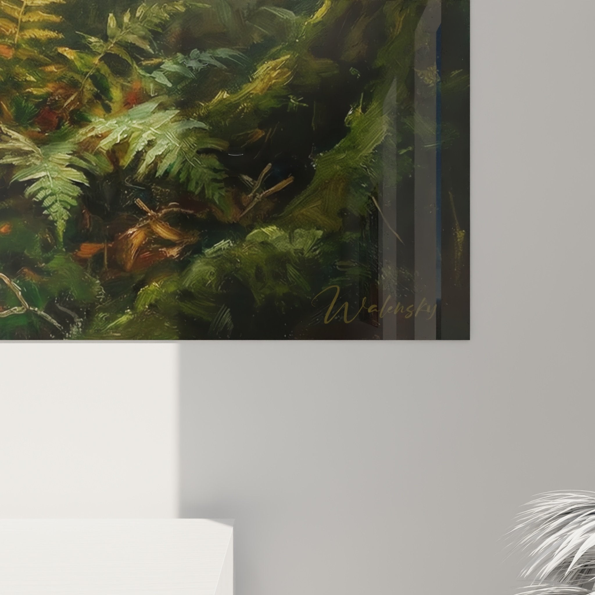 Vue ensemble salon moderne avec tableau Cocker Anglais forêt mystérieuse décoration murale nature