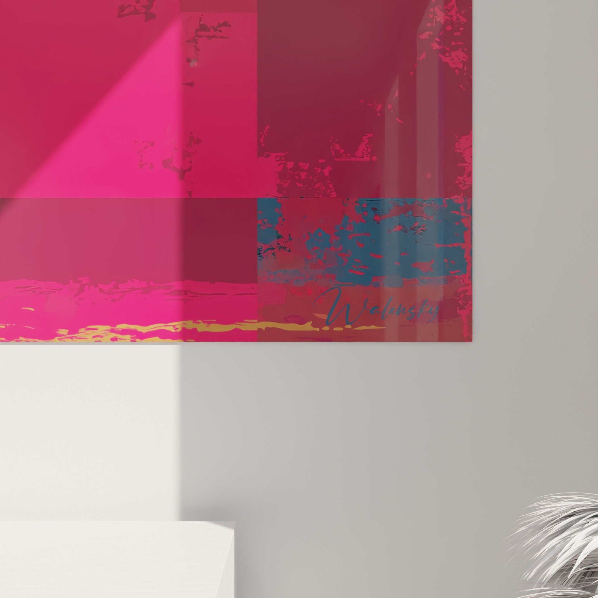 Vue d'ensemble tableau Lévrier Afghan contemporain dans salon moderne avec mobilier épuré et murs clairs