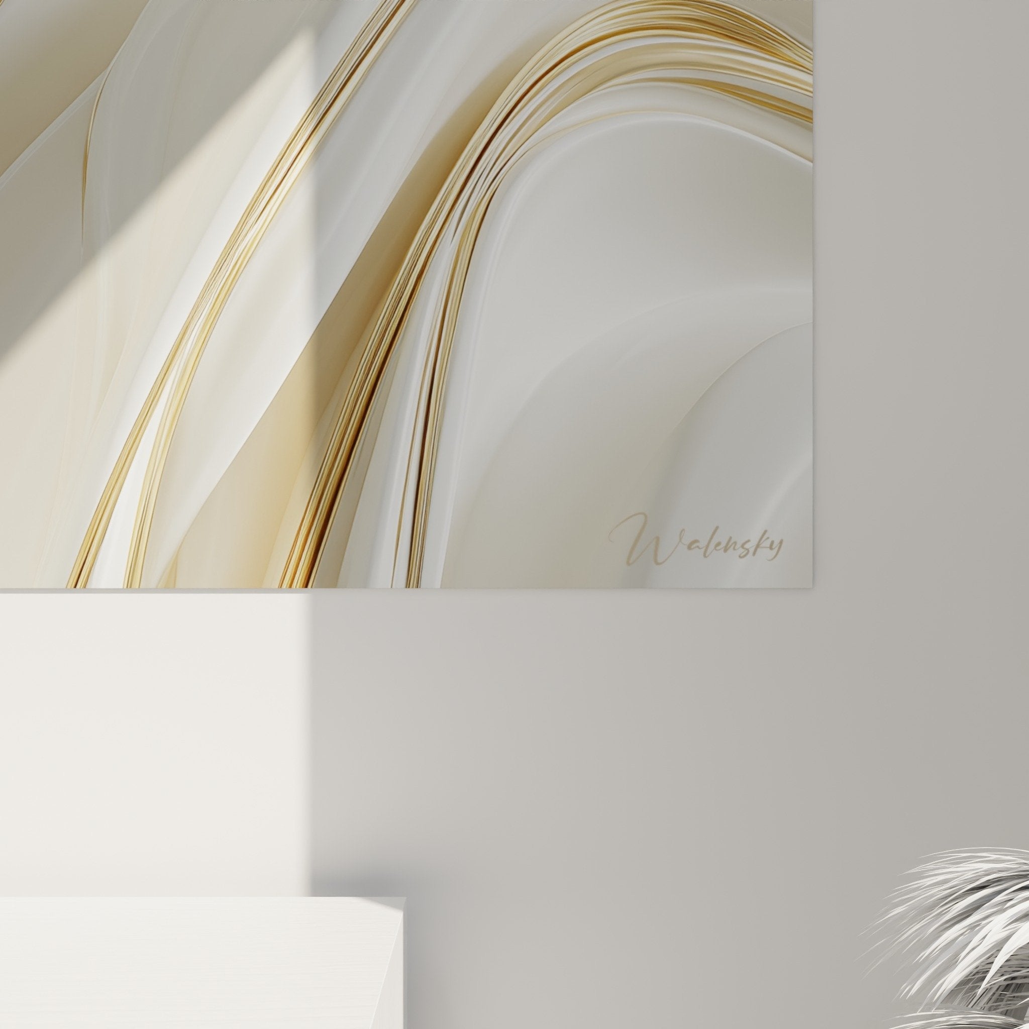 Vue d'ensemble tableau marbre abstrait dore dans salon moderne, integration harmonieuse decoration murale chic