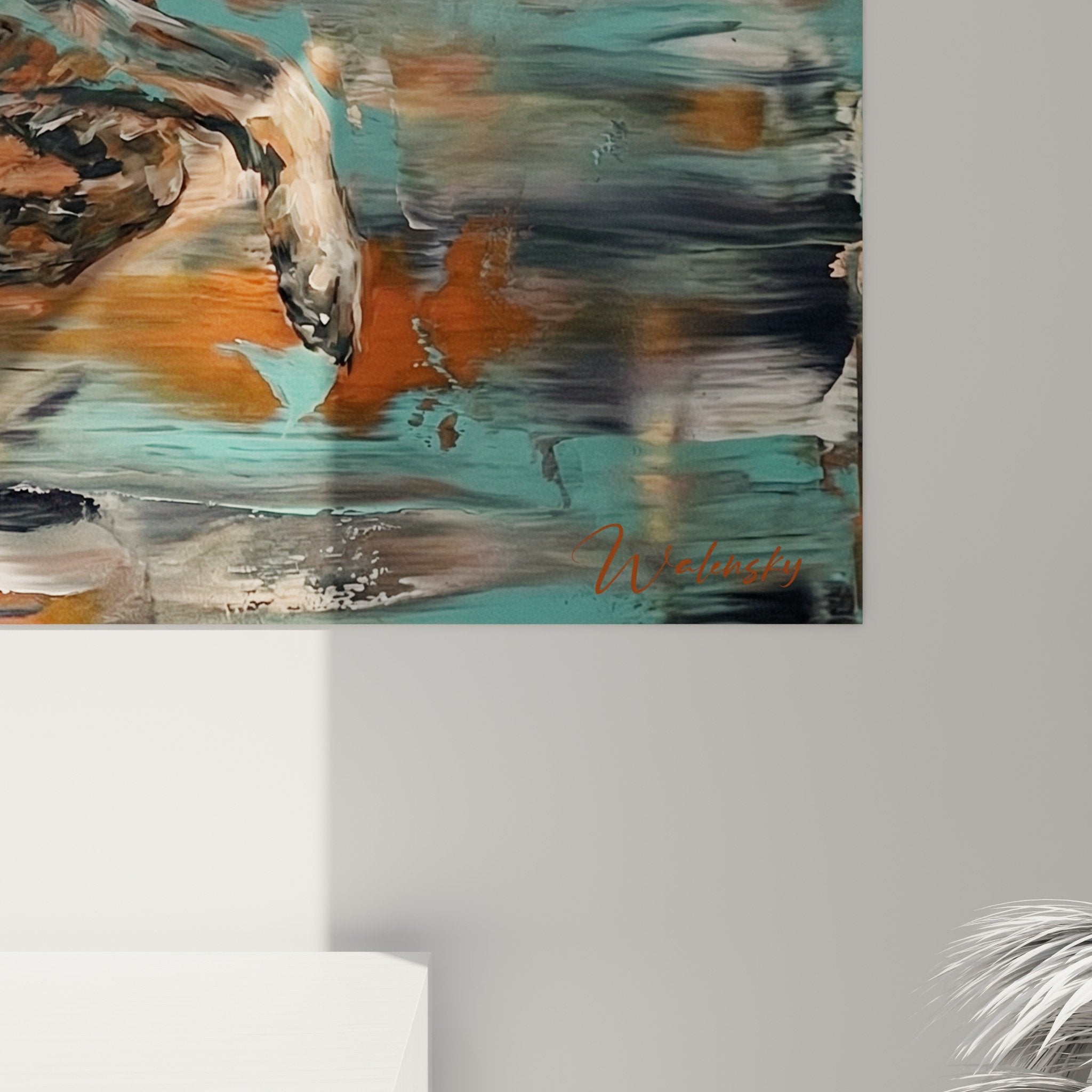 Mudi Racing Dynamic Painting modern living room, turquoise orange animal art contemporary wall decor