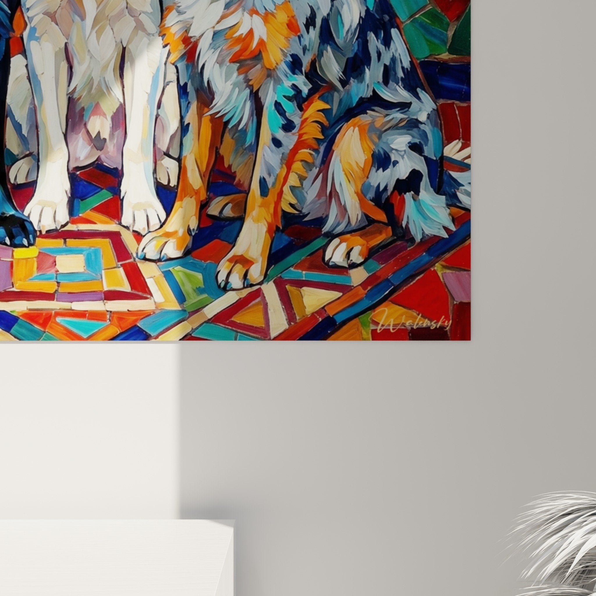 Overview of the three Mudi mosaic wall art in a modern contemporary living room interior