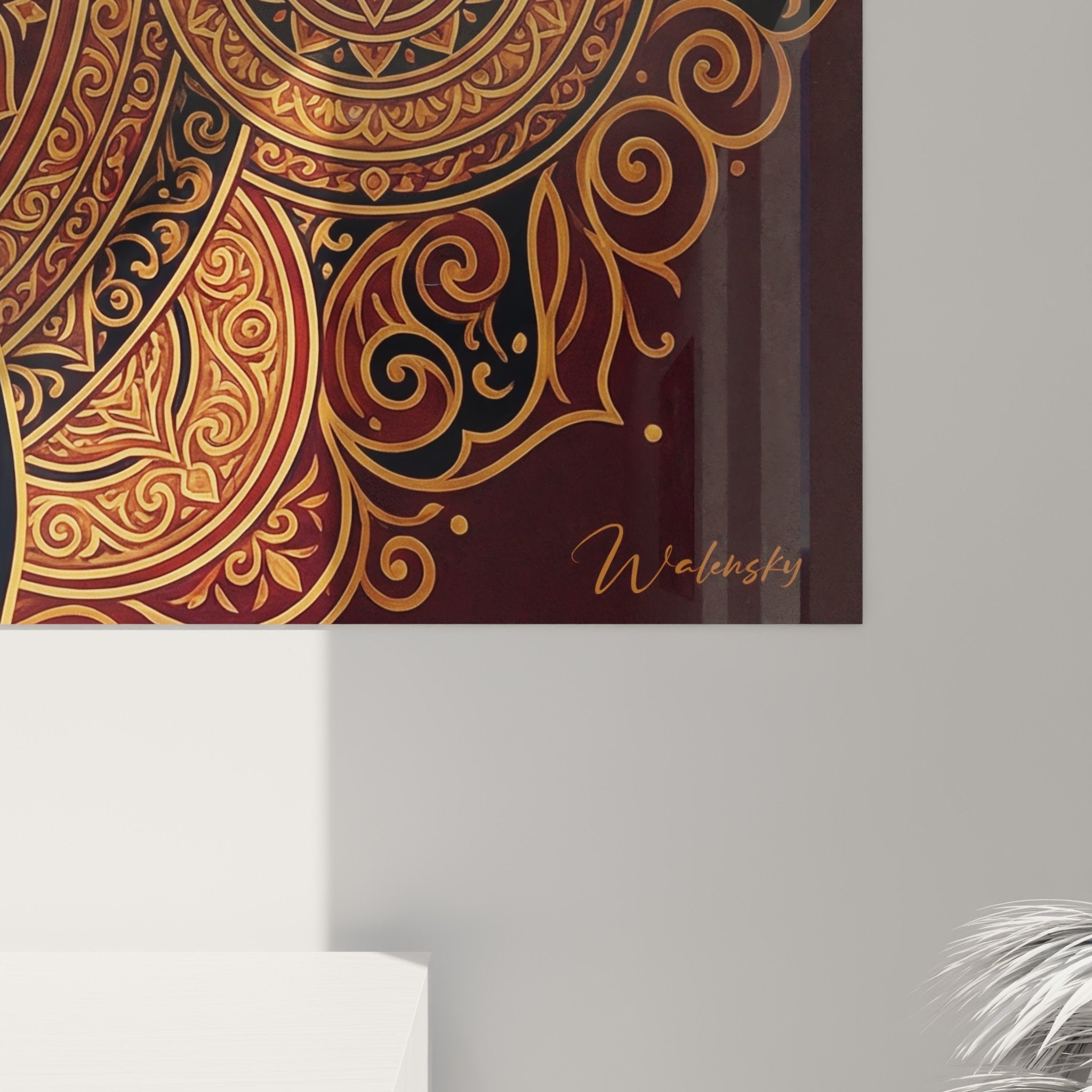 Vue d'ensemble salon moderne tableau Rottweiler mandala doré mur taupe décoration ethnique chic contemporaine