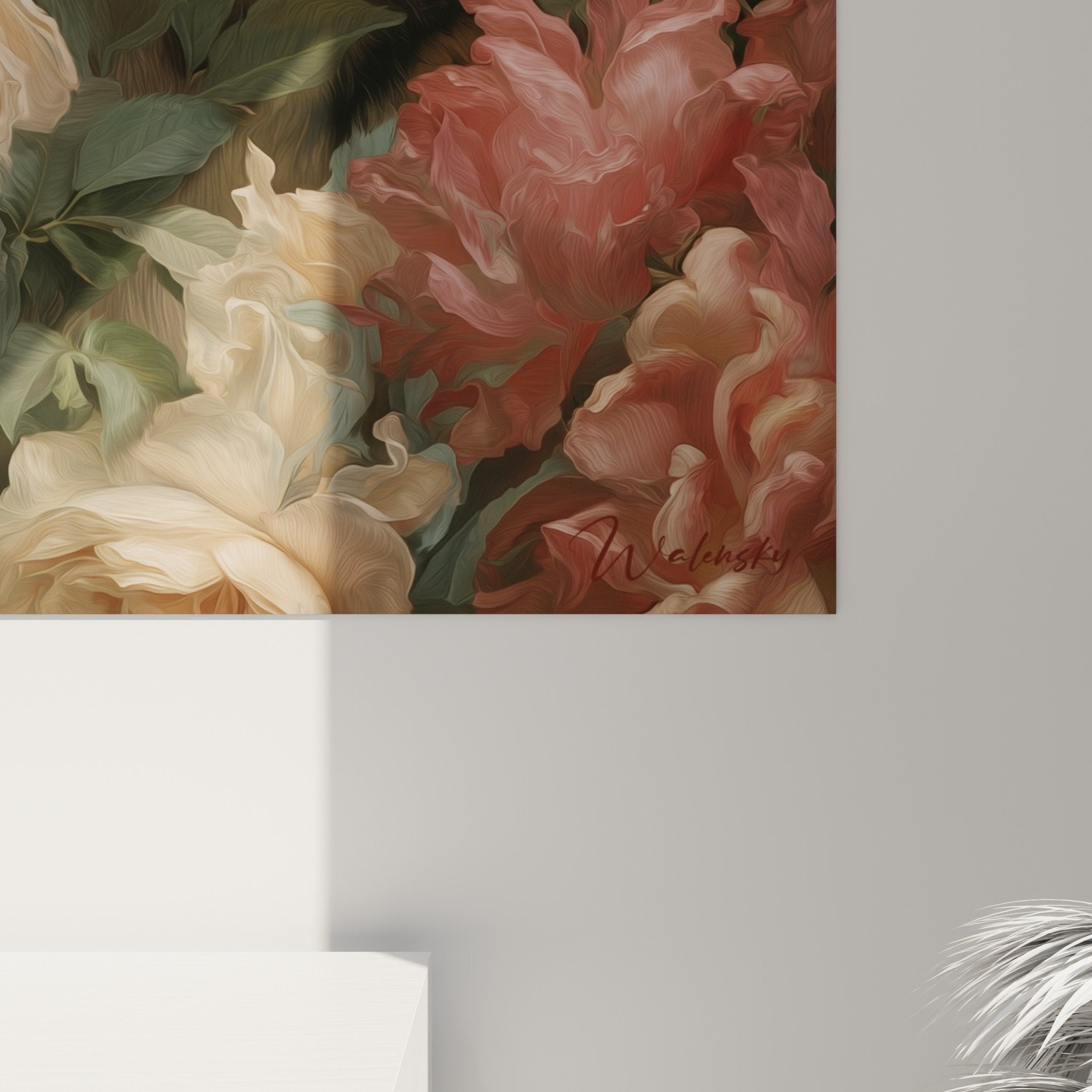 Vue d'ensemble du tableau tigre fleuri dans salon moderne, mise en valeur des couleurs pastel sur mur clair