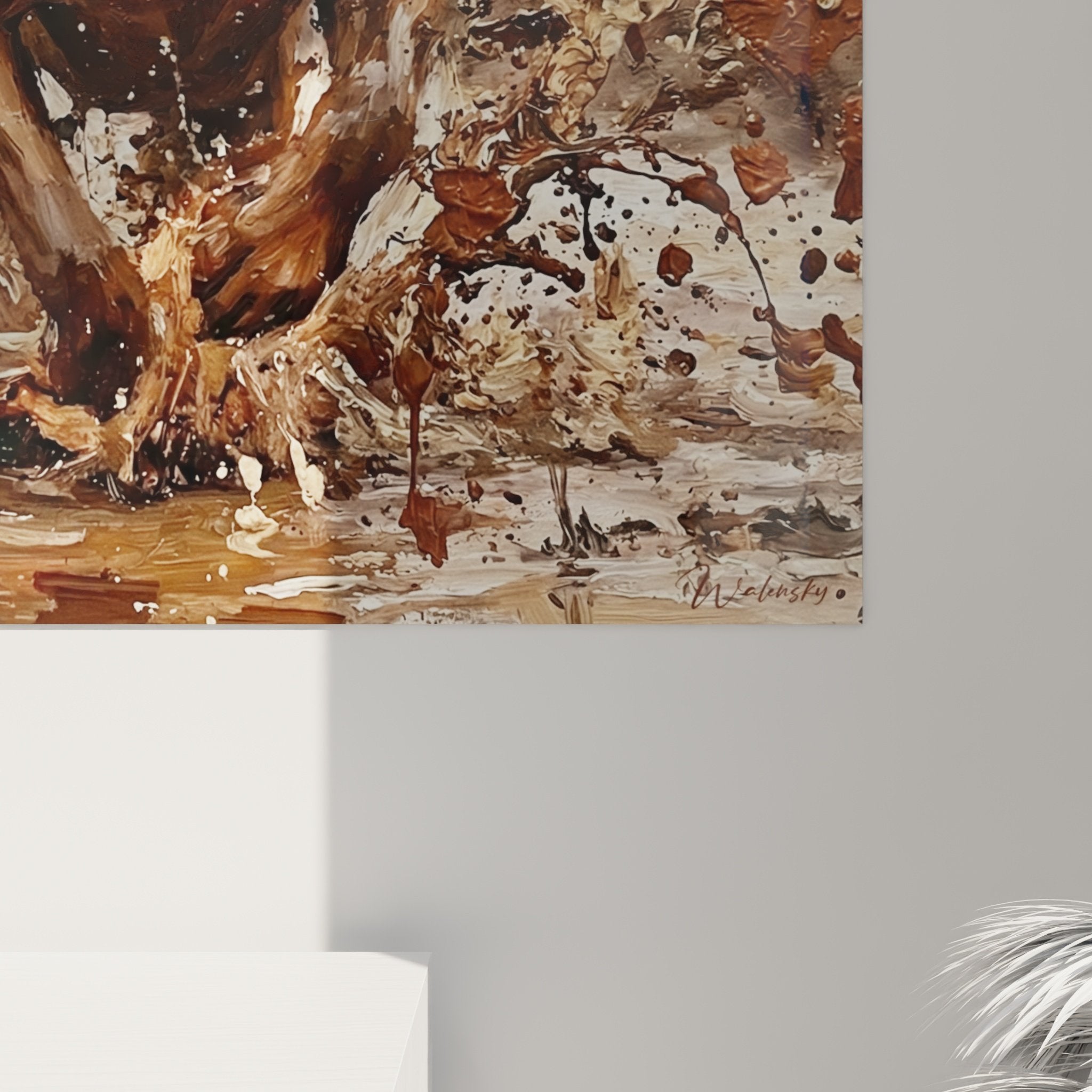 Mise en situation tableau Vizsla éclaboussures salon moderne mobilier bois cuir décoration canine