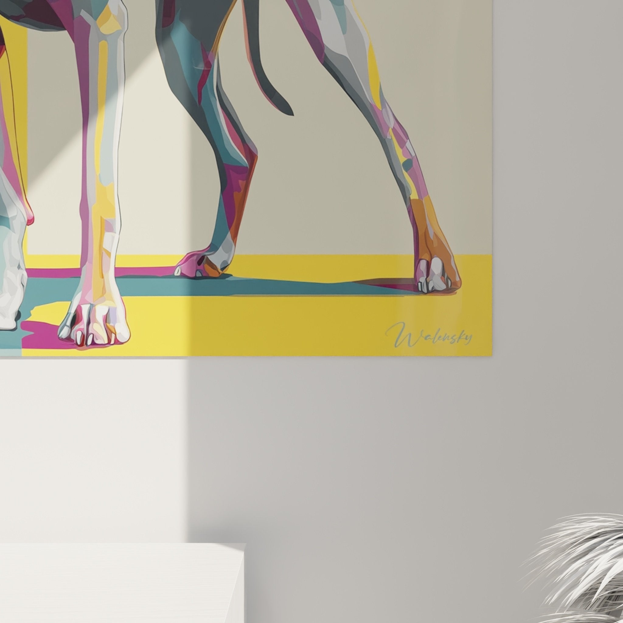 Vue ensemble tableau Weimaraner multicolore dans salon moderne décoration contemporaine