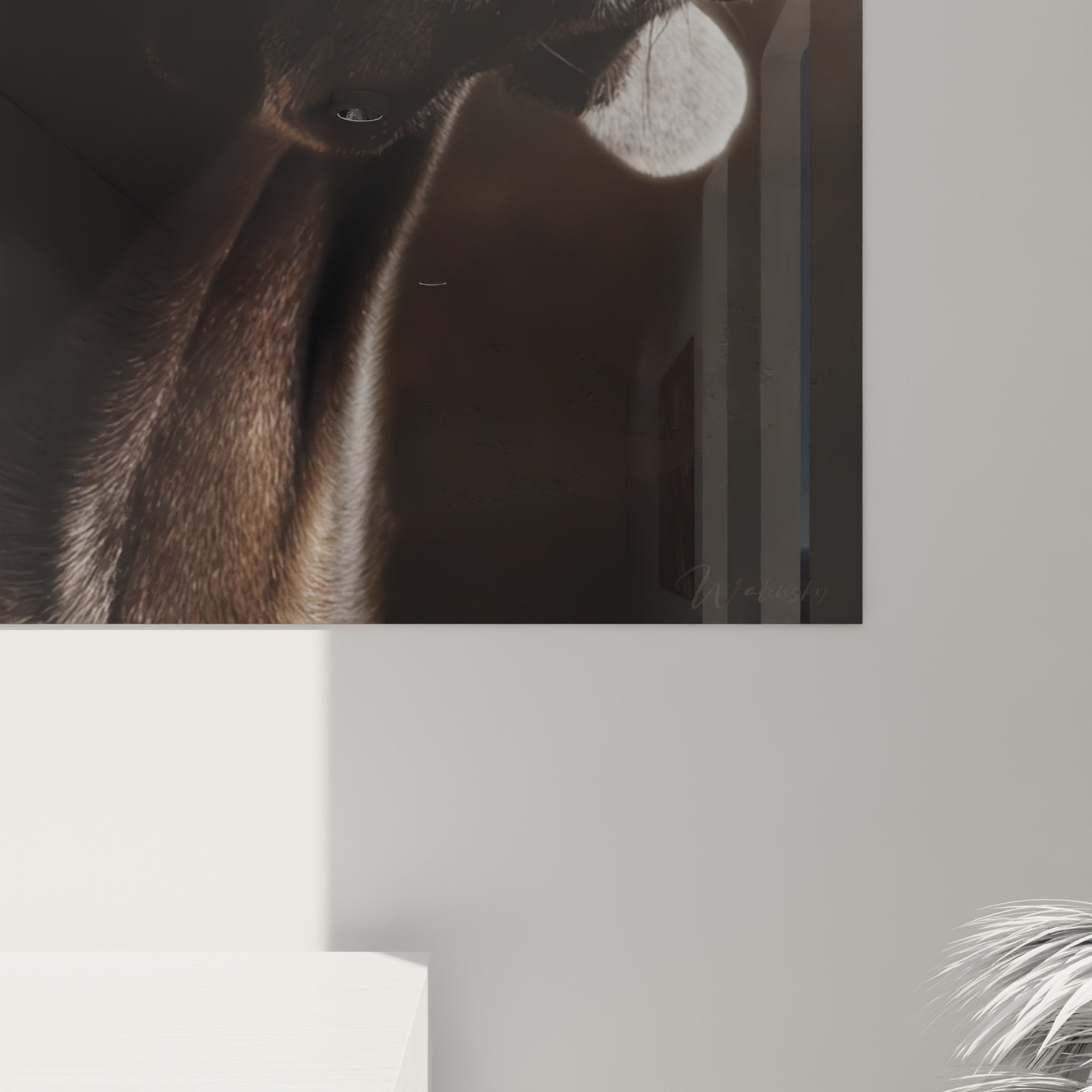 Vue d'ensemble tableau Weimaraner dans salon, portrait chien yeux bleus décoration